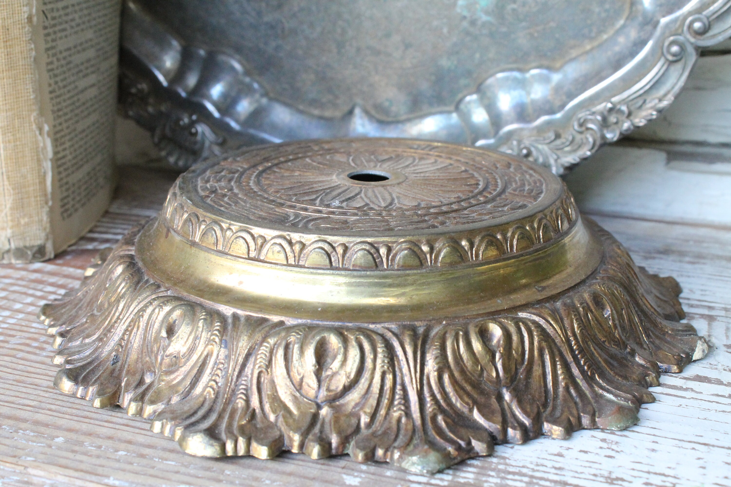 Vintage Lamp Part Base Metal BRASS Ornate Pedestal Architectural