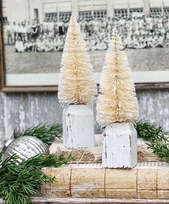 Christmas Bottle Brush Tree Salvaged Wood Base WHITE MINI Flocked Tree  Vintage Antique Architectural Chippy Farmhouse Christmas Decor 