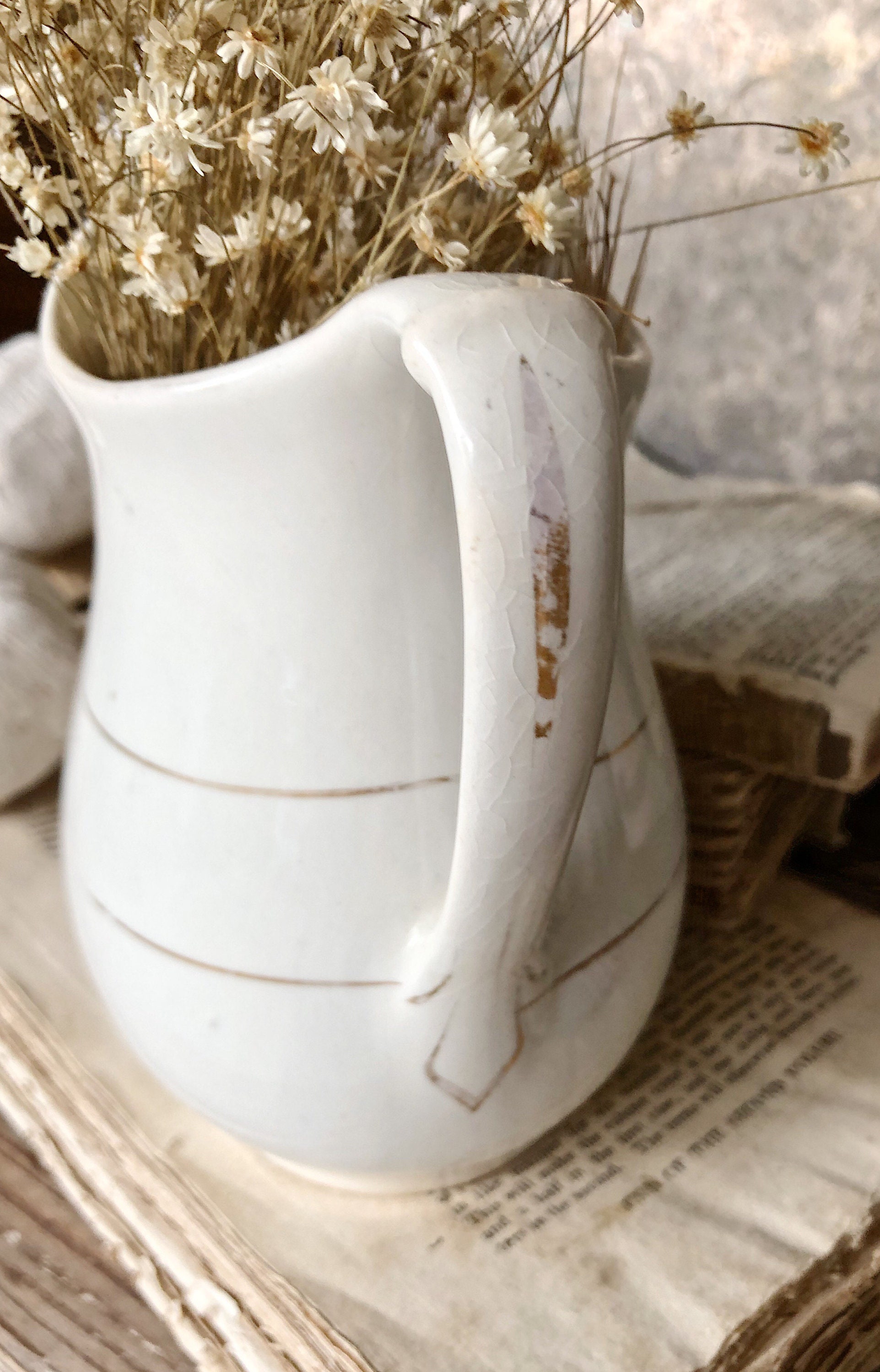 Antique White Ironstone Pitcher Jug Farmhouse Decor Fixer Upper Decor