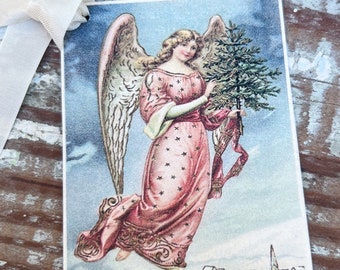 Christmas Vintage Gift Tags ANGEL With TREE Farmhouse Christmas Decor Card French Shabby Gift Wrap