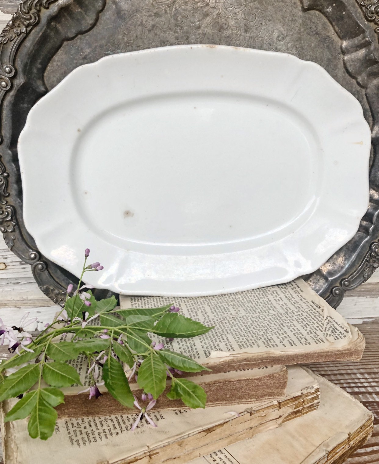 Antique White Ironstone Platter ALFRED MEAKIN Oval Rectangle Scallop Farmhouse Decor