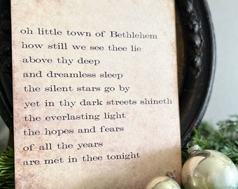 Oh Little Town Of Bethlehem Sign Wood Vintage Christmas Decor  Mounted Farmhouse  Decor Book Page Primitive