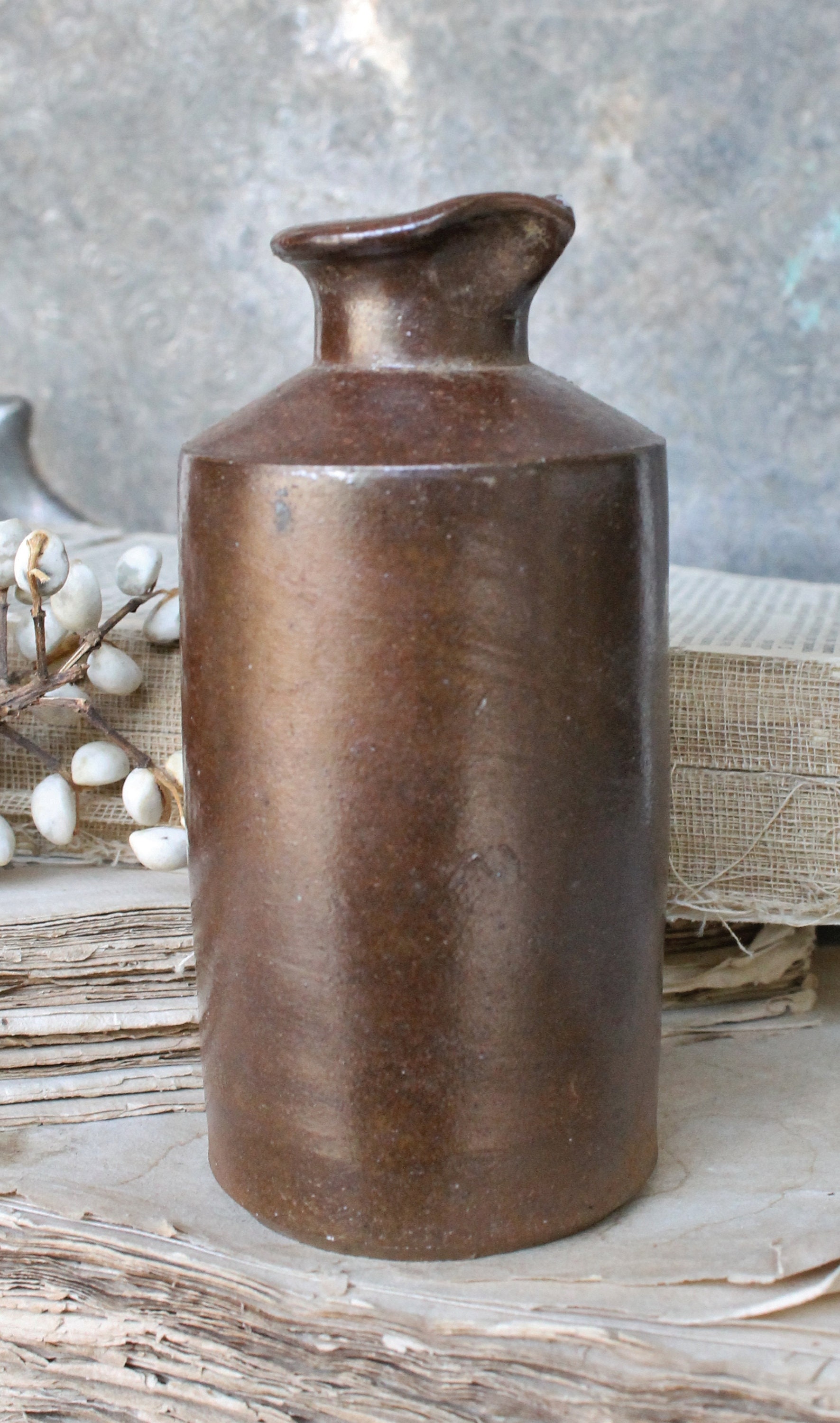 Antique Master Ink Crock Bottle with Pouring Spout BROWN Stoneware