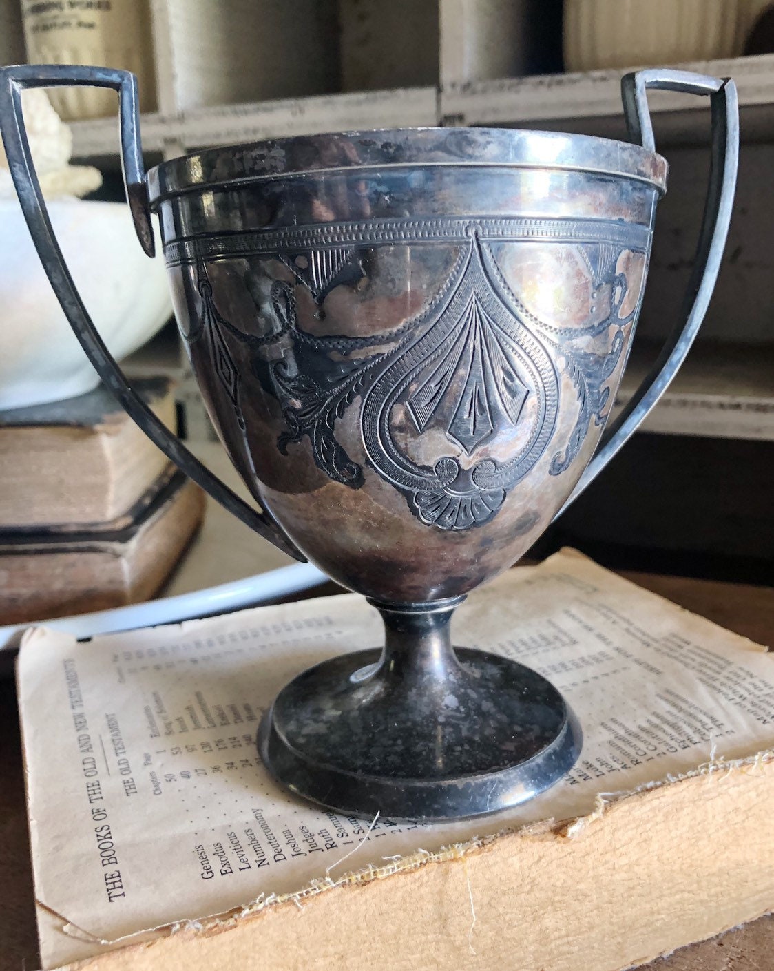 Antique Trophy Loving Cup Silver Engraved Farmhouse Decor Fixer Upper