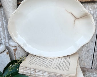 Antique White Ironstone Platter Crazing Grungy Stained Farmhouse Decor Scallop USA