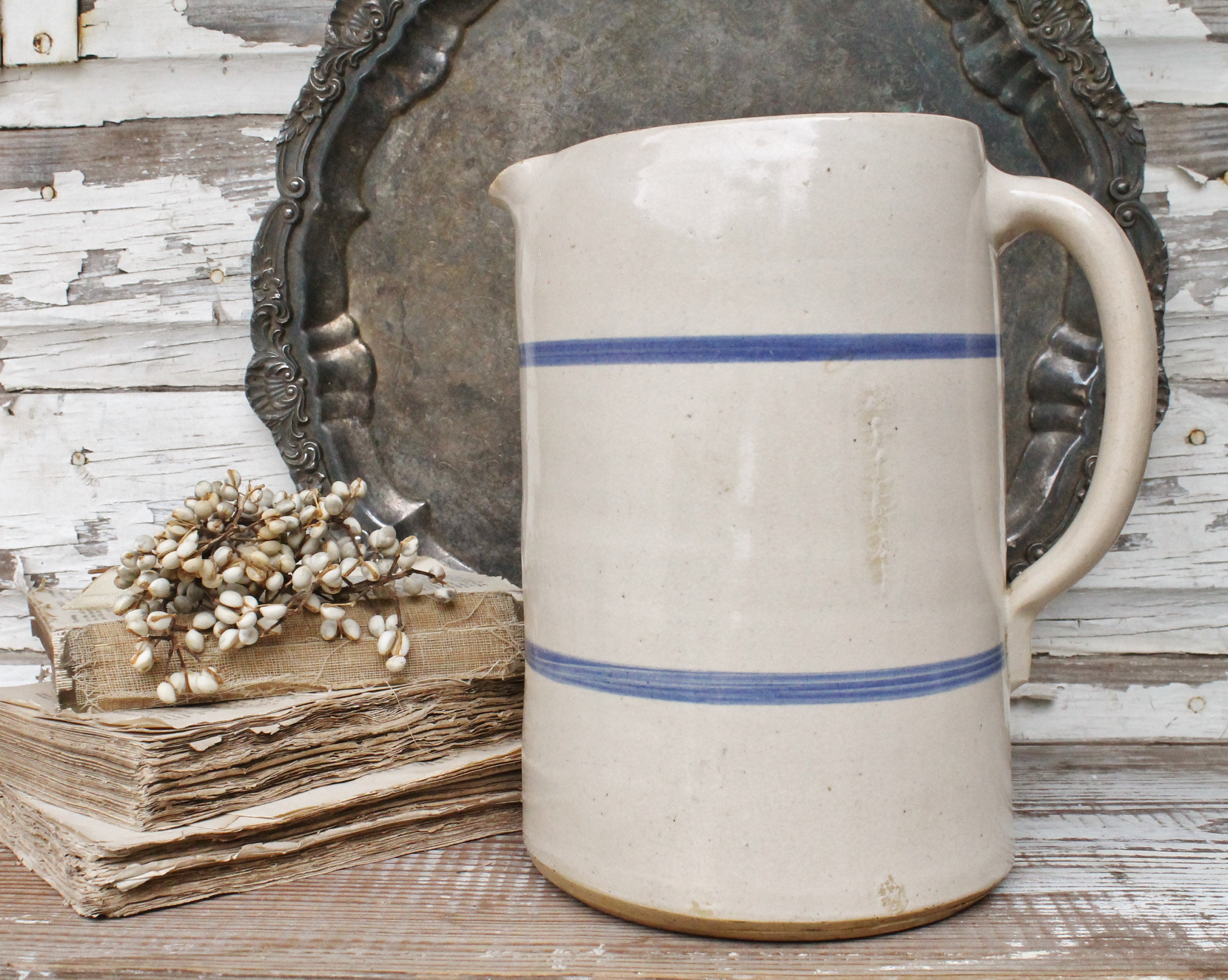 Antique Crock Pitcher MARSHALL Salt Glaze Stoneware Blue Stripe