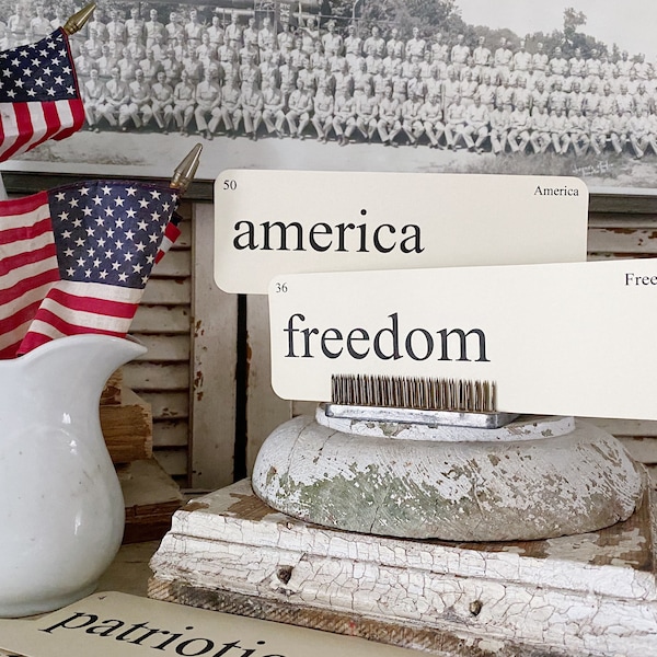 AMERICA Flash Cards LARGE Vintage Inspired Word Flashcard SET Of 8 Americana Farmhouse Patriotic Freedom Independence July 4th Americana