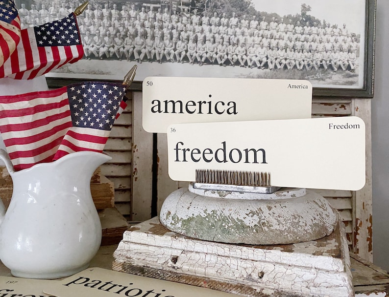 AMERICA Flash Cards LARGE Vintage Inspired Word Flashcard SET Of 8 Americana Farmhouse Patriotic Freedom Independence July 4th Americana image 1
