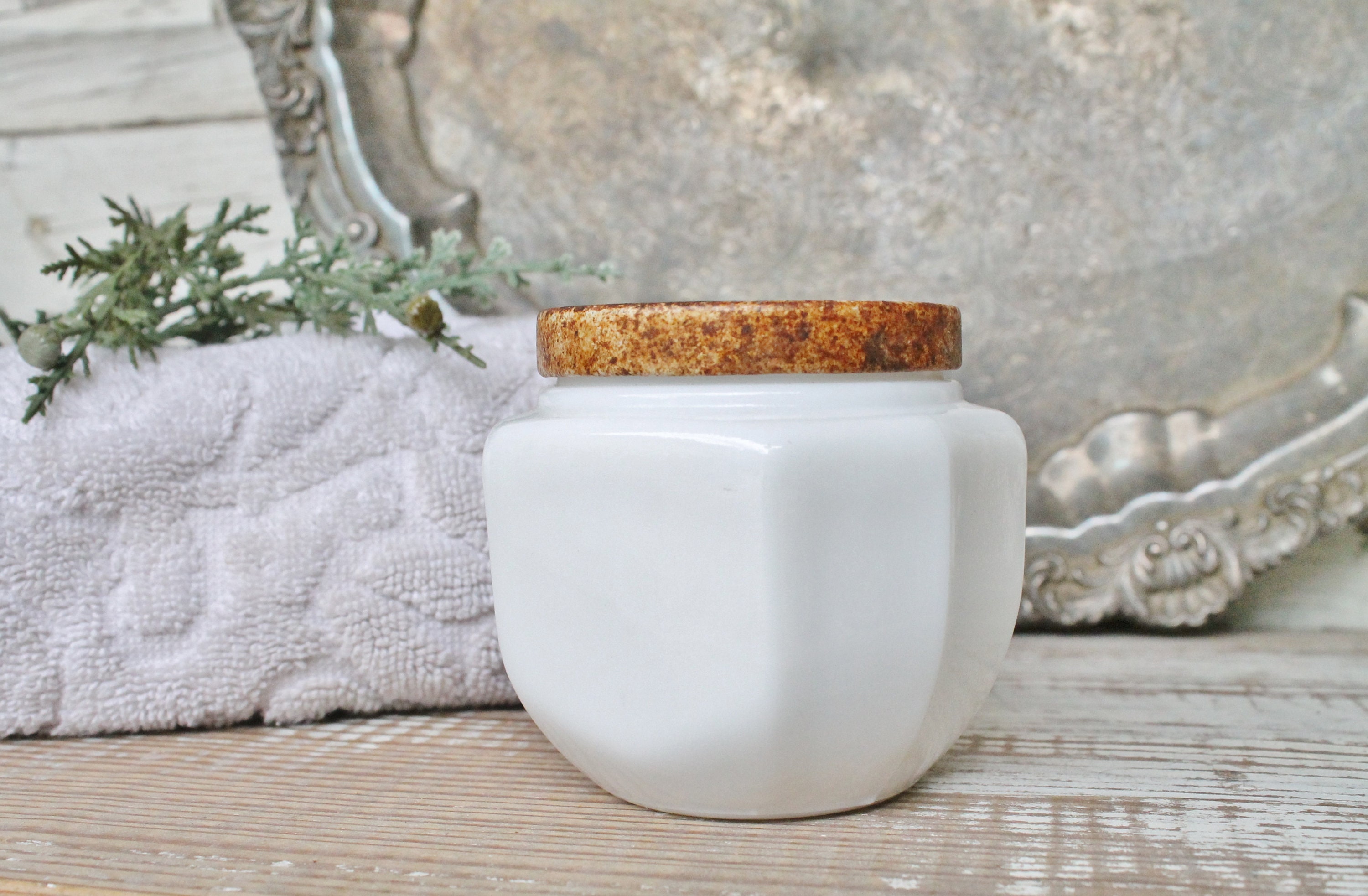 Vintage White Milk Glass Jar Vanity Jar with Metal Lid Farmhouse Decor Vanity Fixer Upper Decor