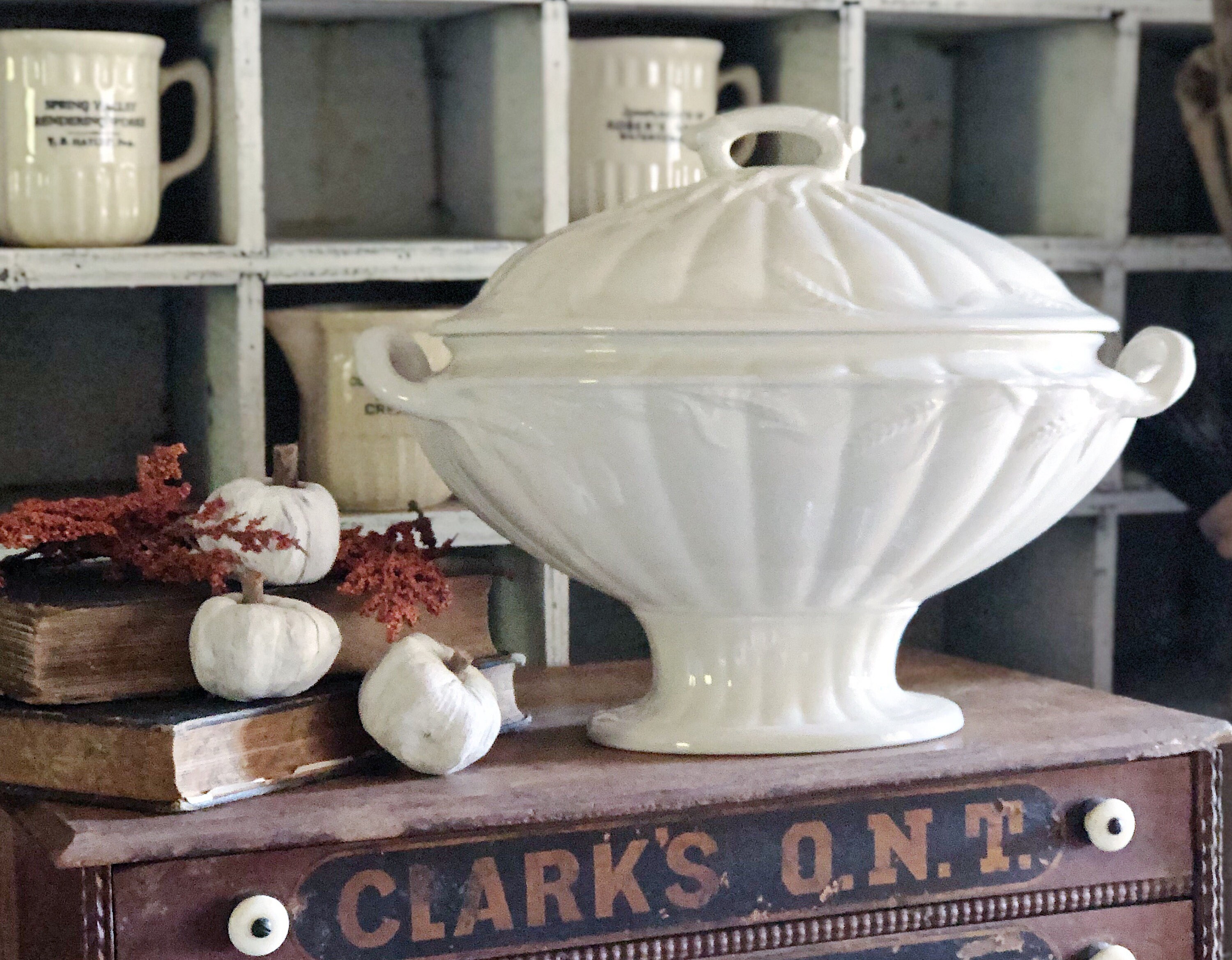 Antique White Ironstone Tureen Wm ADAMS WHEAT Compote Footed Bowl with
