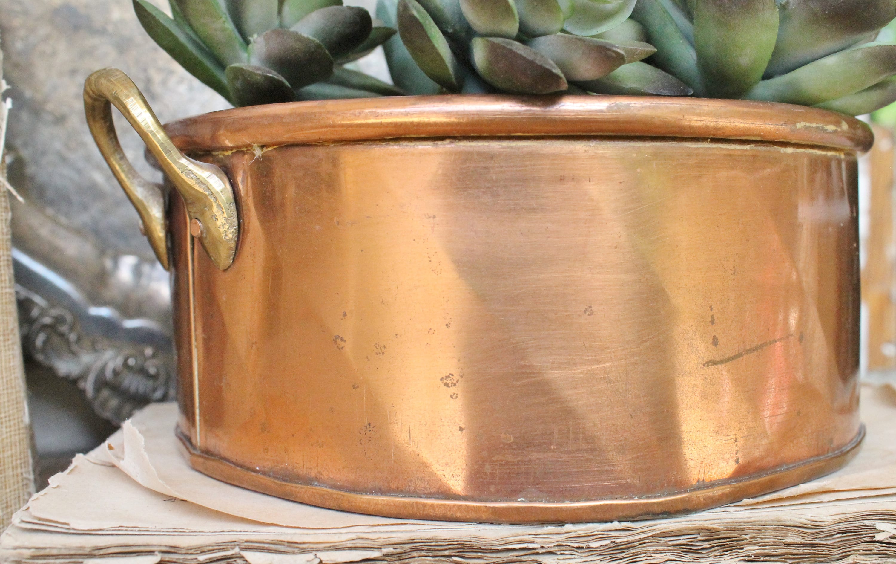 Antique Copper Bowl with Brass Handles Farmhouse Decor Fixer Upper Decor Vintage Copper Pot