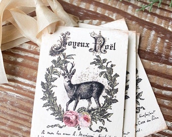 Christmas Gift Tags Vintage Deer JOYEUX NOEL Laurel Wreath Pink Roses Farmhouse Decor Card  Gift Wrap Christmas Stag Buck