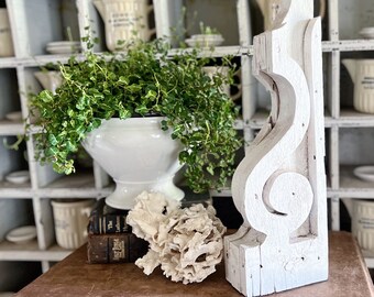 Antique Salvaged Corbel Architectural Carved Wood Bracket Chippy Aged White Paint Reclaimed Farmhouse Decor