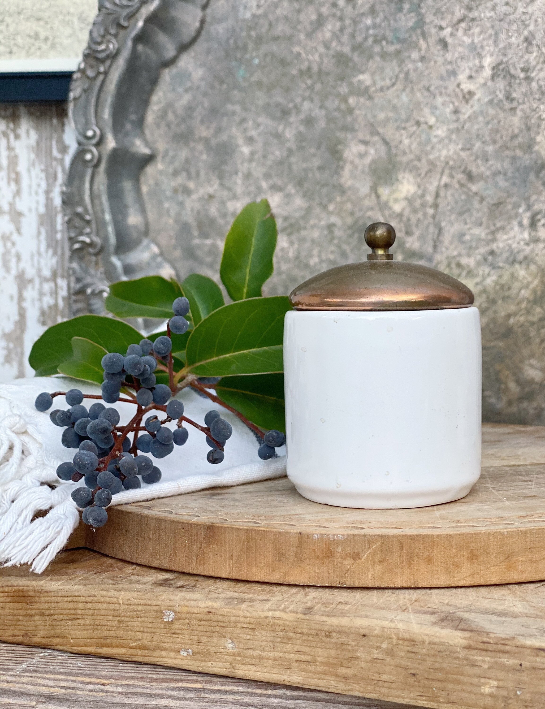 Vintage Ironstone Mustard Crock Jar With Copper Lid Caviar Pot Jar Bowl