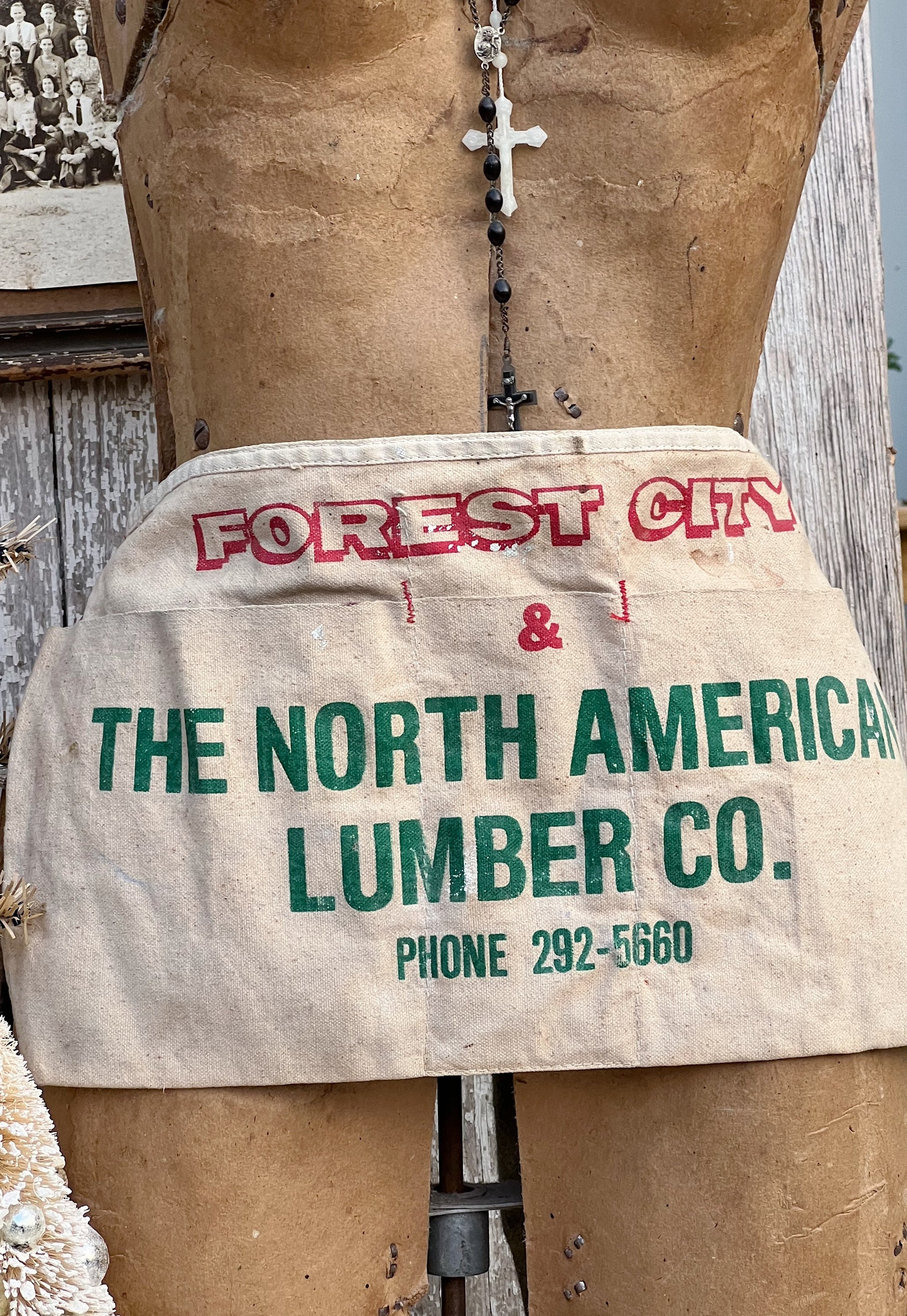 Vintage Nail Apron FOREST CITY LUMBER Company Hardware Farmhouse Decor Industrial Red Green