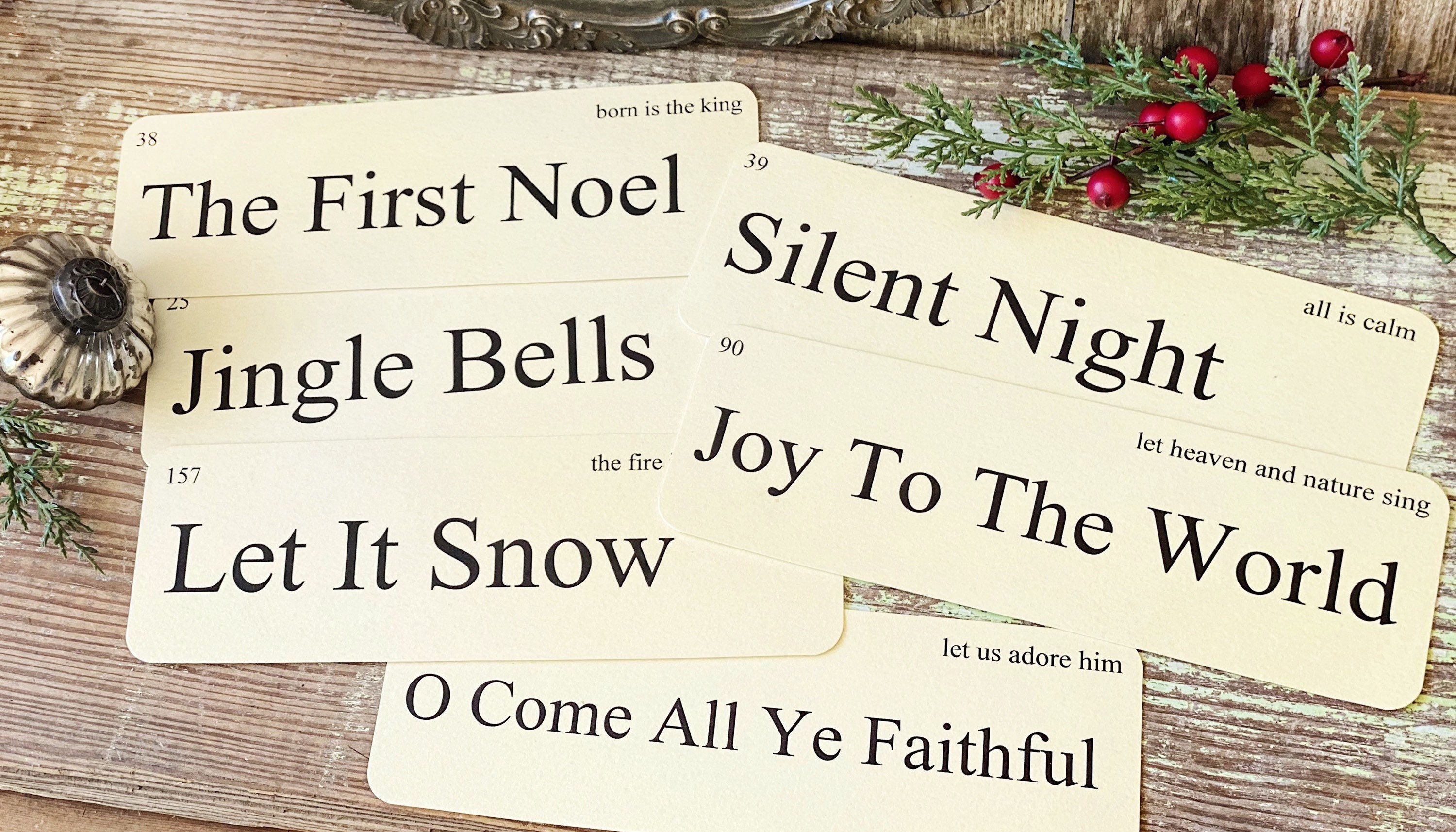 CHRISTMAS CAROLS Flash Cards LARGE Vintage Inspired Word Flashcard Set Of 8 Farmhouse Decor