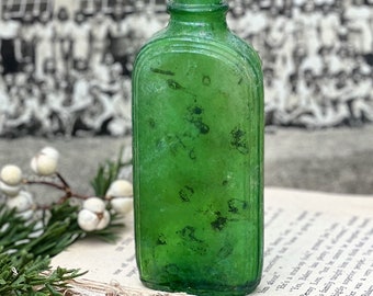 Antique GREEN Glass Bottle Apothecary Pharmacy Farmhouse Industrial Decor Salvage CHRISTMAS Decor Vase