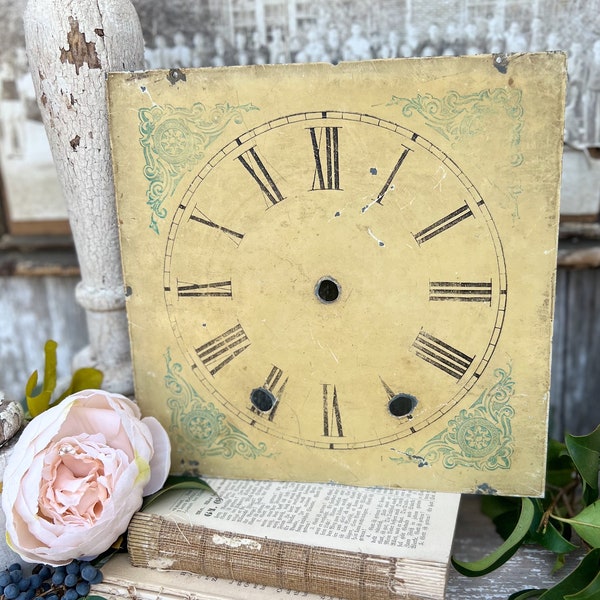 Antique Clock Face Farmhouse Decor Industrial Salvage Metal Painted Clock Dial FLOWERS Folk Art Primitive YELLOW Green