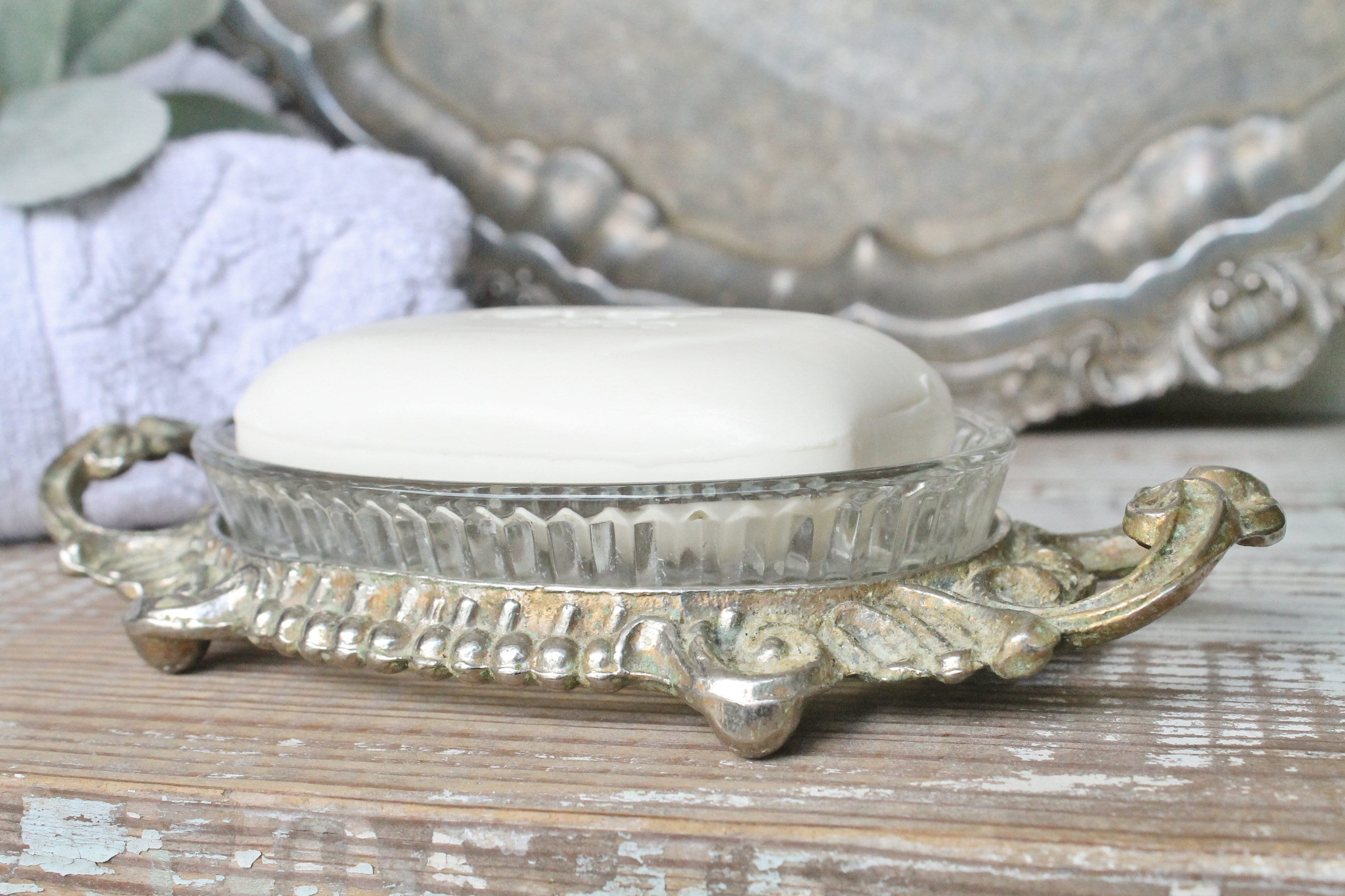 Antique Soap Dish Glass Brass Footed Tray Farmhouse Decor Fixer Upper