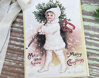 Christmas Vintage Gift Tags CHERUB with TREE Farmhouse Christmas Decor Card French Shabby Gift Wrap