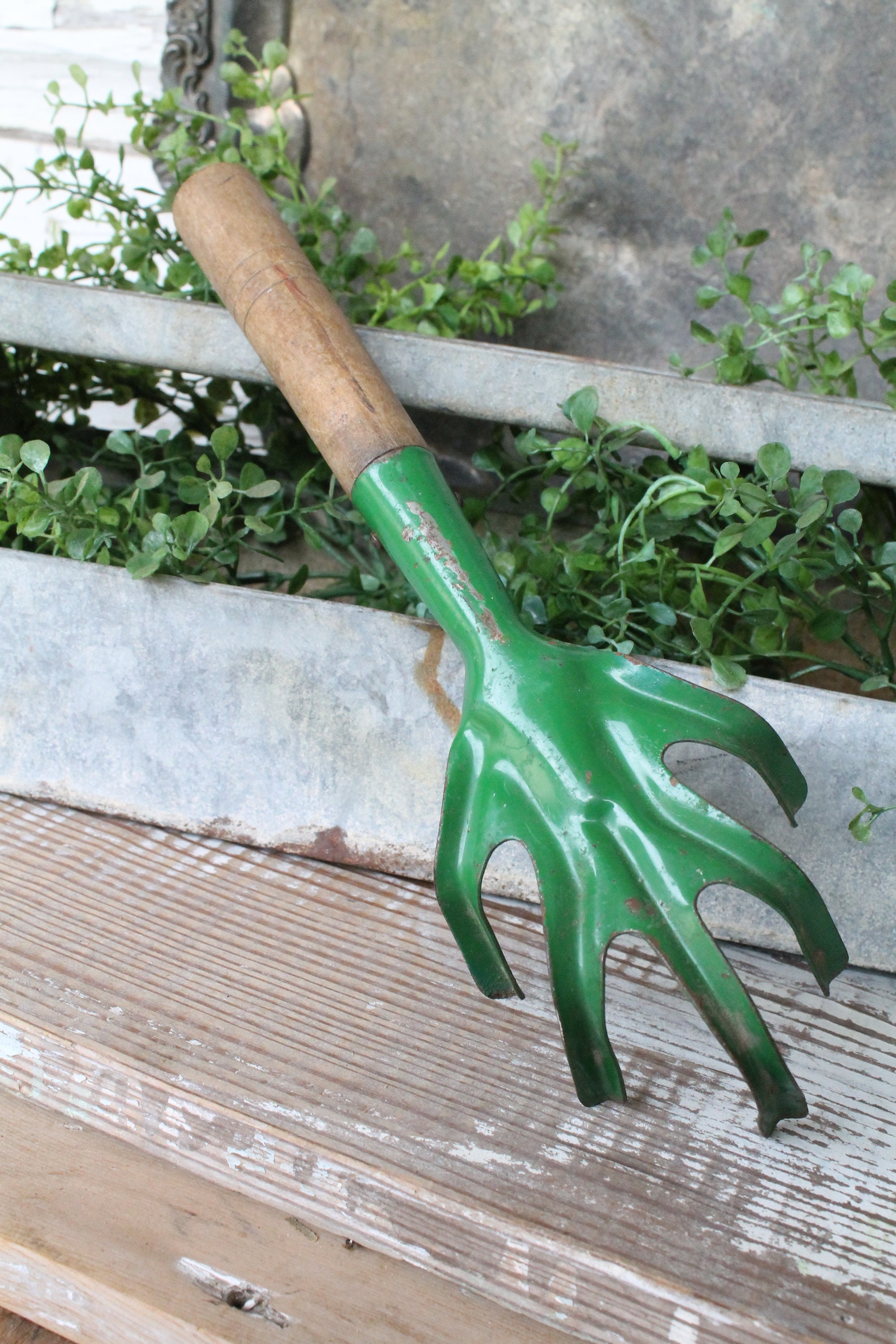 Vintage Garden Hand Tool CULTIVATOR Fork Metal Wood GREEN Farmhouse