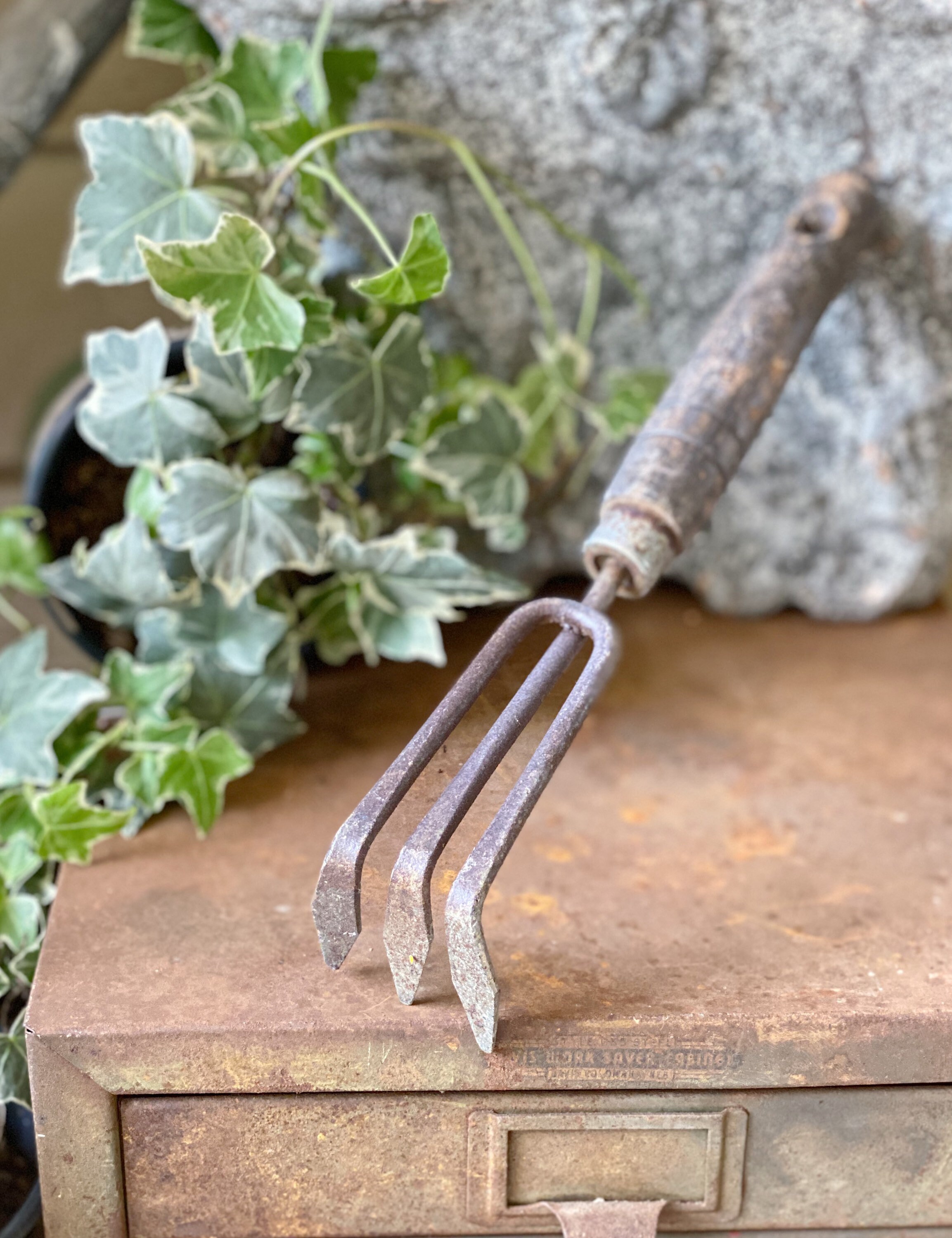Vintage Garden Hand Tool CULTIVATOR Fork Wood Metal Farmhouse Country