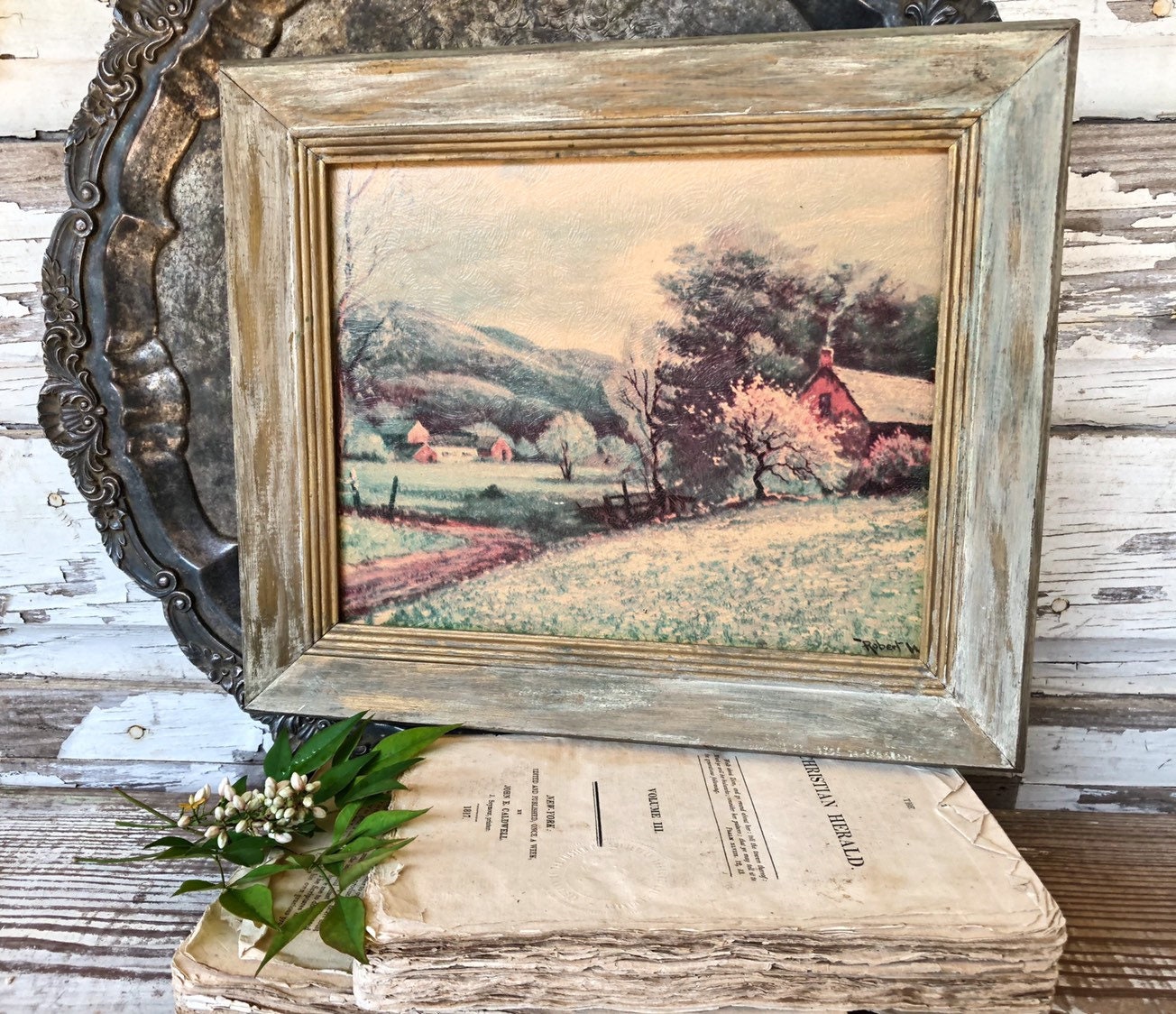 Vintage Hand Painted Painting Wall Art Pasture Farmhouse Framed Print