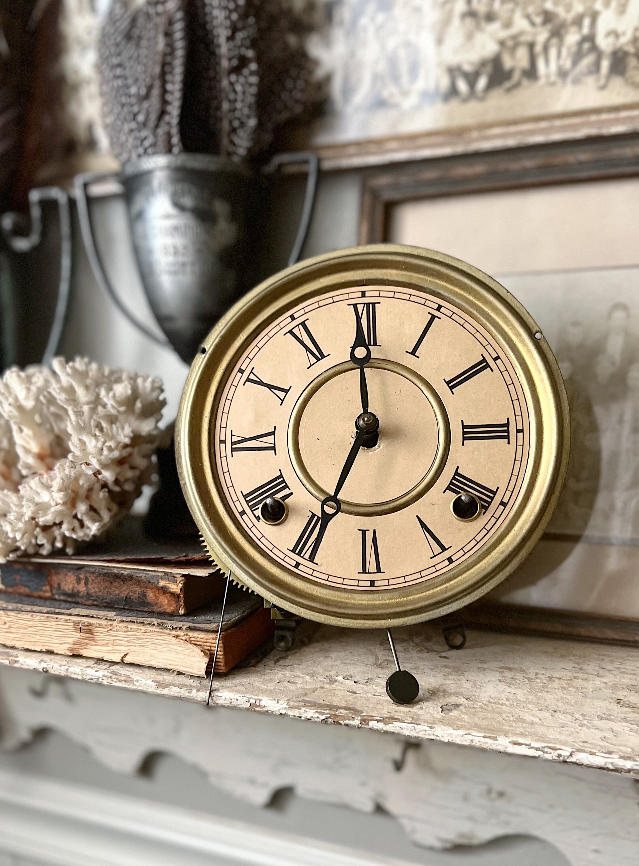 Antique Clock Face INGRAHAM Brass Farmhouse Decor Industrial Salvage