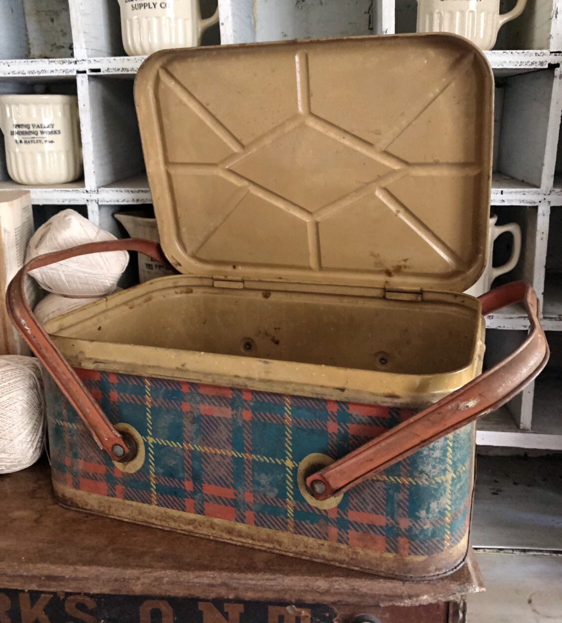 Vintage Plaid Metal Picnic Basket Farmhouse Decor Rustic Cabin Tartan