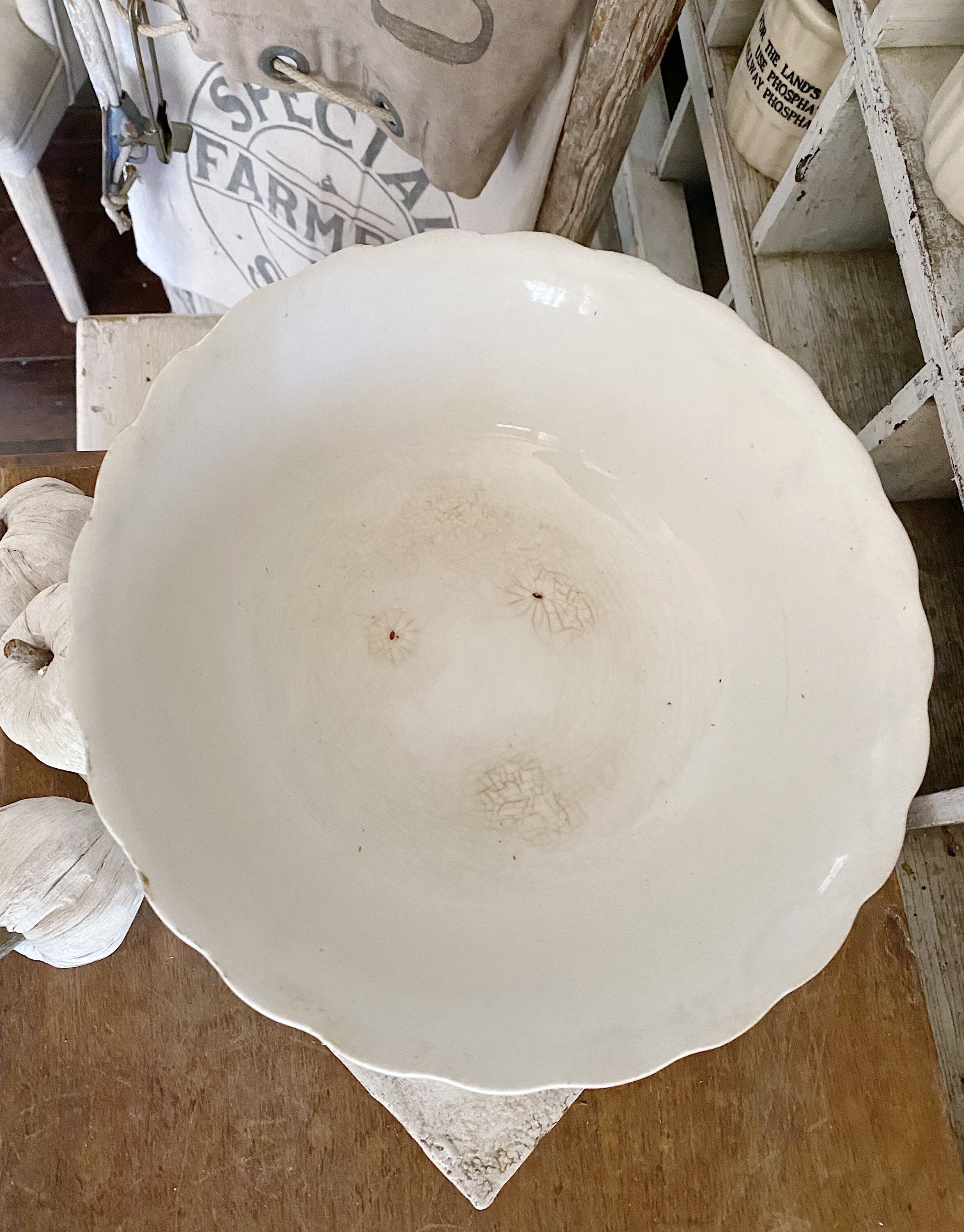 Antique White Ironstone Bowl Lady Finger Scallop Footed Royal Ironstone