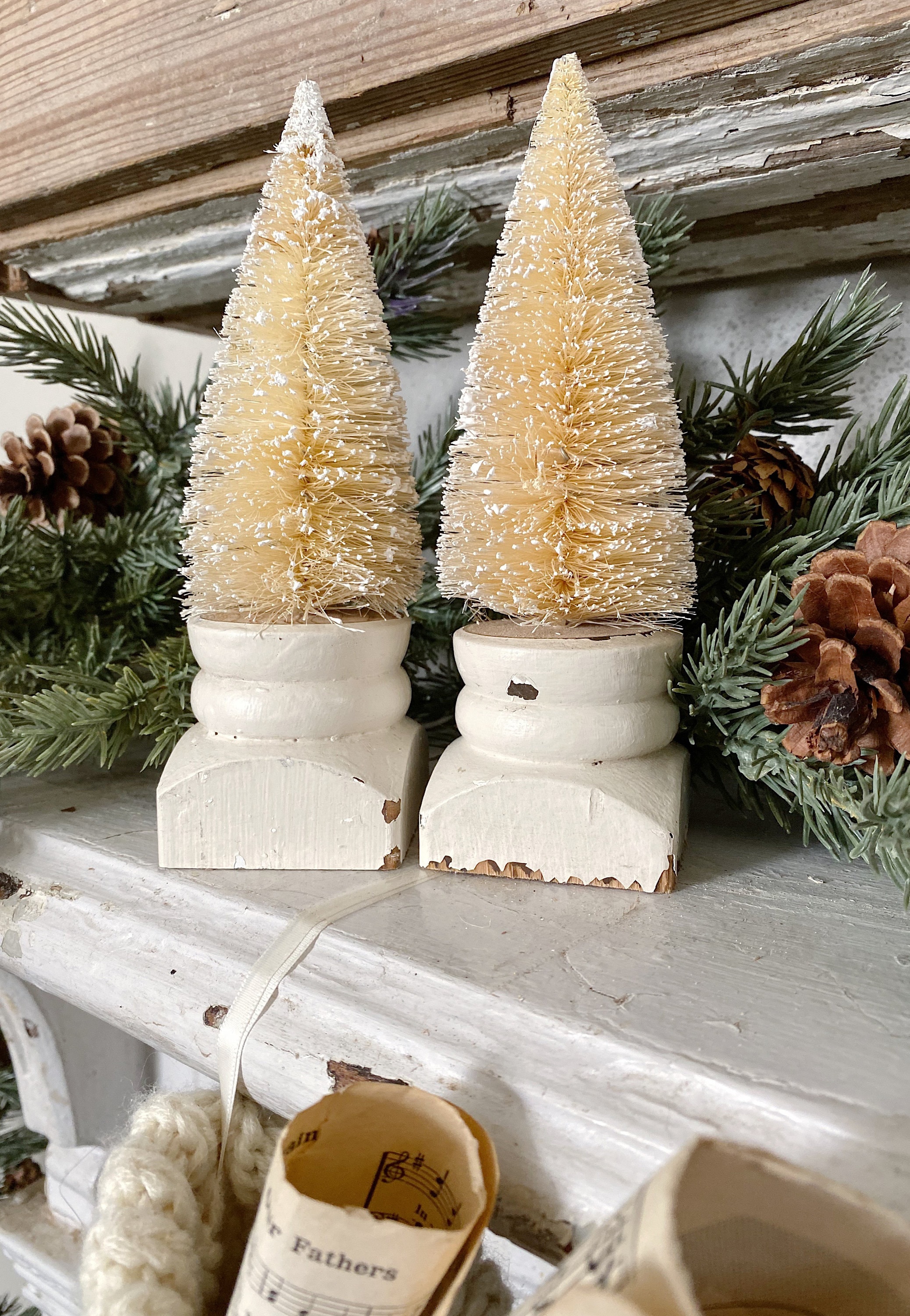 Christmas Bottle Brush Tree LARGE With Salvaged Wood SpindleBase Block WHITE Flocked Tree