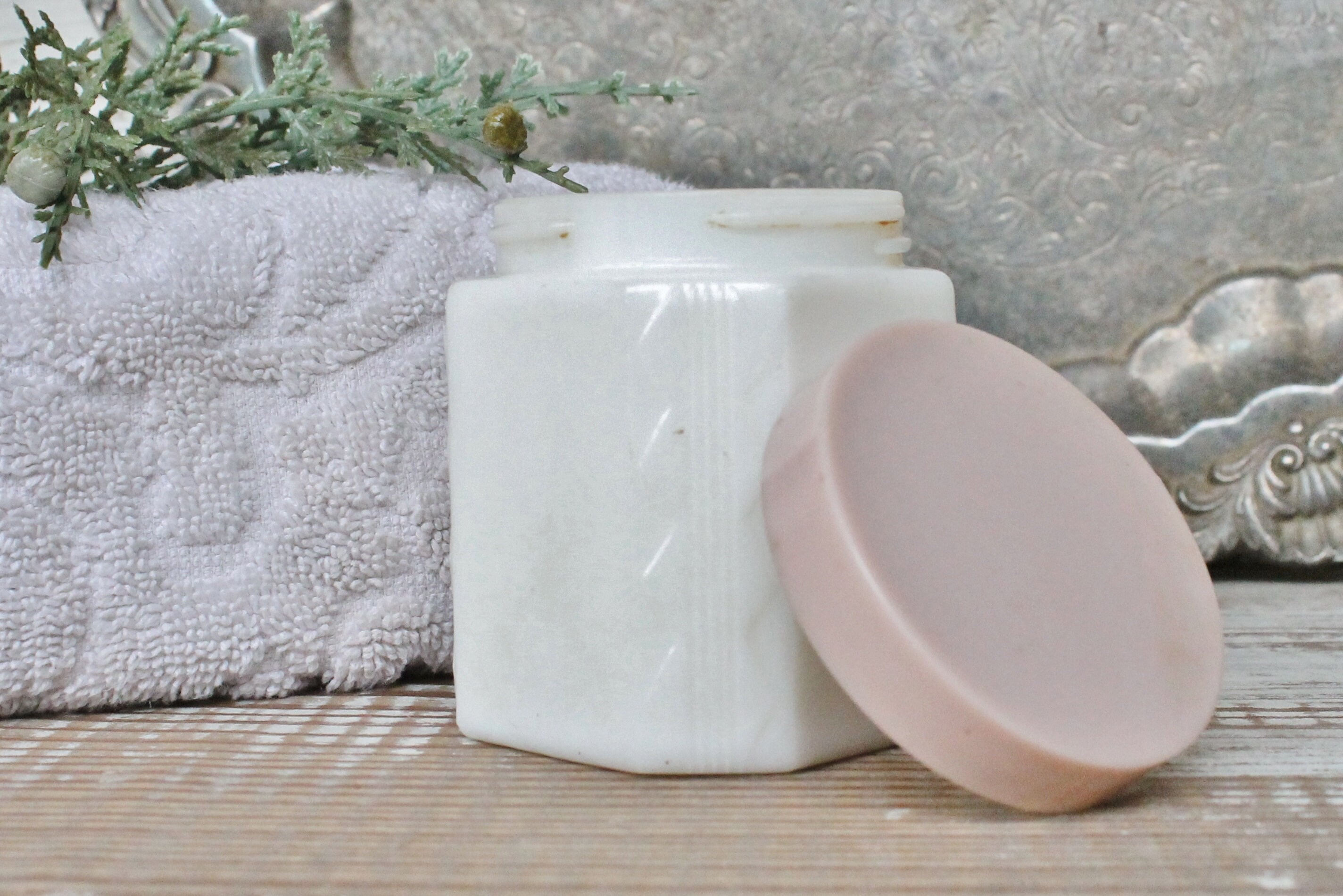 Vintage White Milk Glass Jar Vanity Jar with PINK Lid Farmhouse Decor