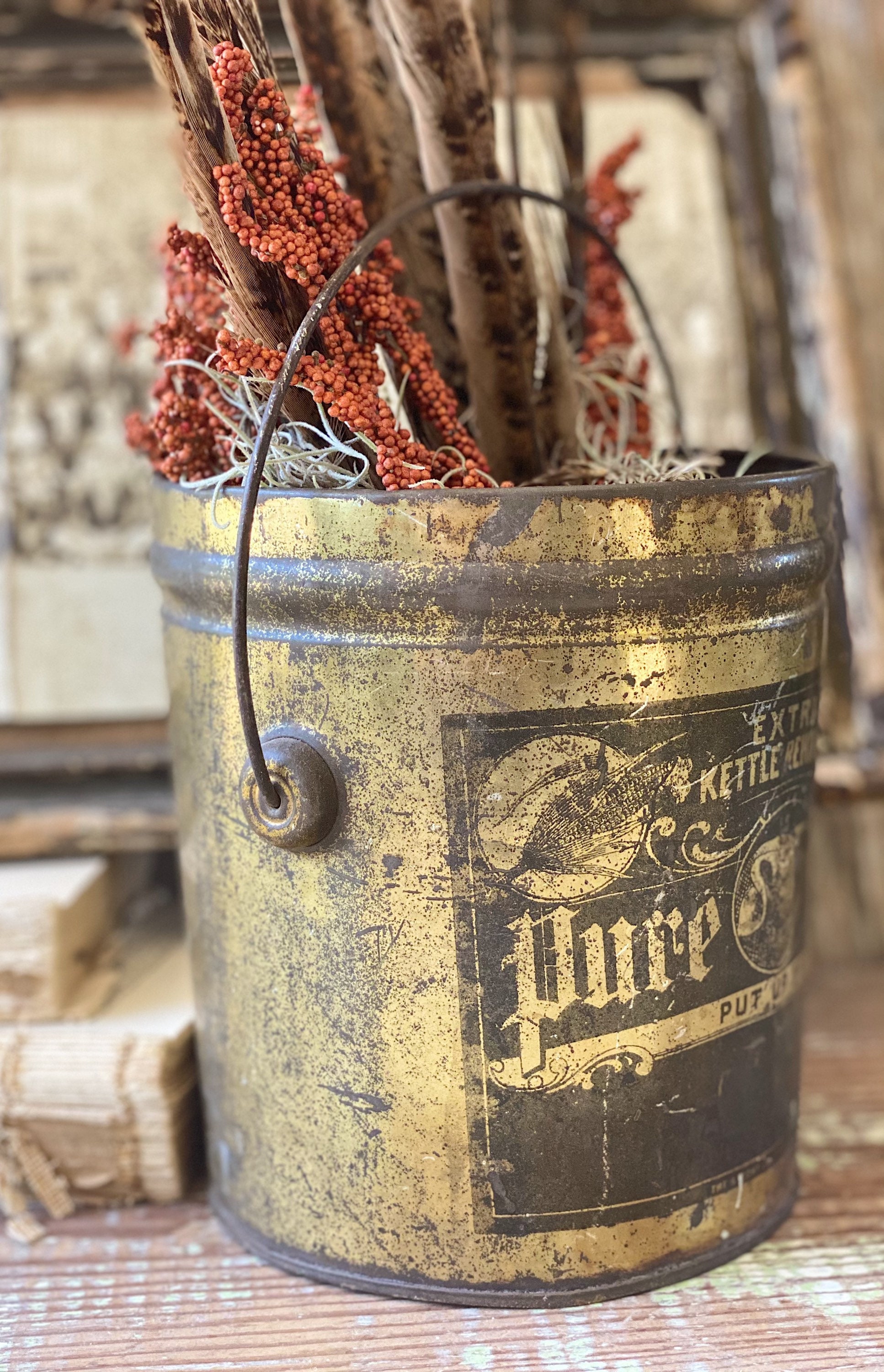 Antique Pure Lard Kettle Rendered Lard Bucket Pail Gold Black Galvanized Metal Farmhouse Decor