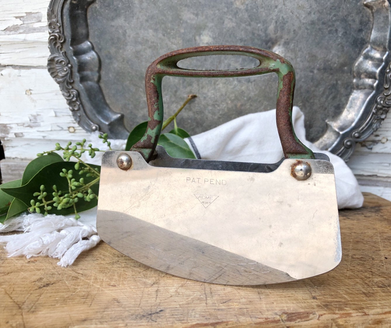 Antique Pastry Slicer Cutter Cast Iron Green Farmhouse Decor Fixer