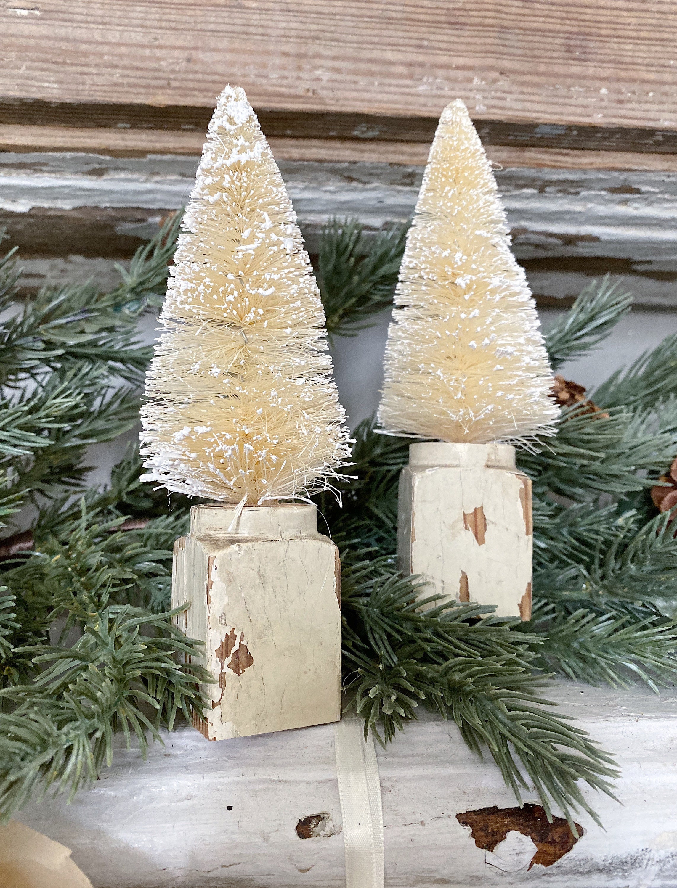 Christmas Bottle Brush Tree Salvaged Wood Base WHITE Flocked Tree