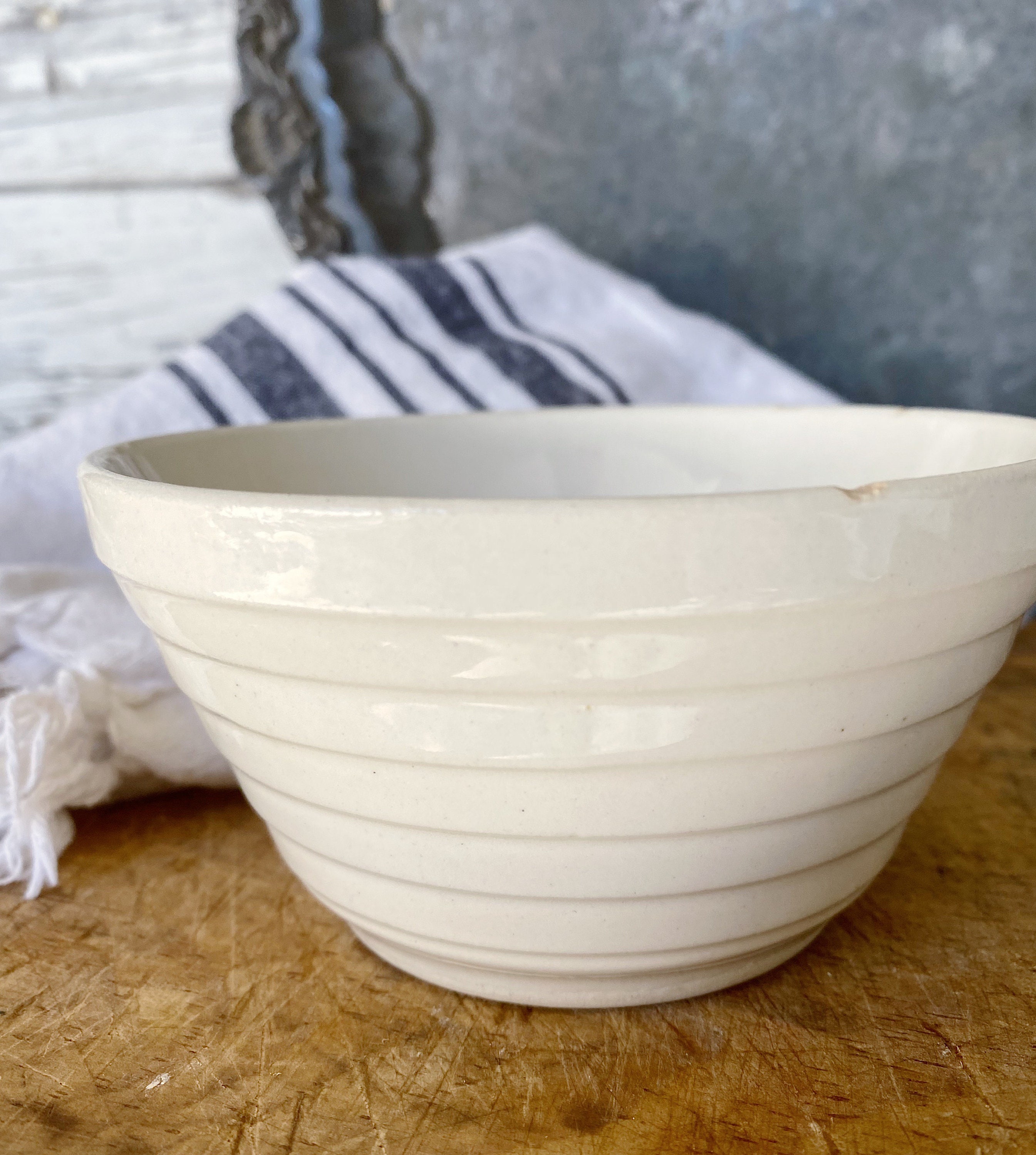 Antique Ironstone Ribbed Bowl Cream French Country Farmhouse Decor USA