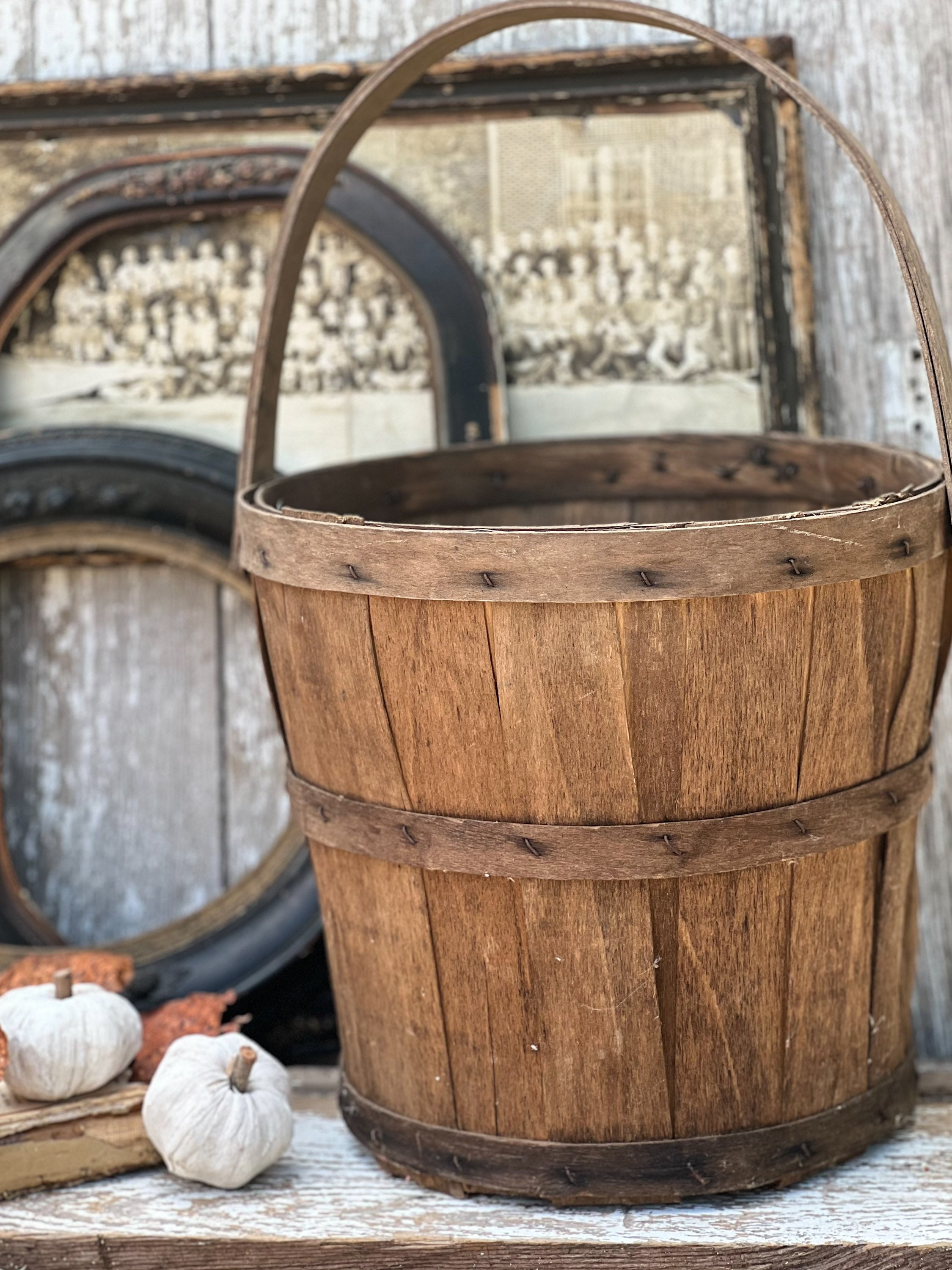 Antique Wooden Bushel Basket Farmhouse Decor Primitive Stave TALL