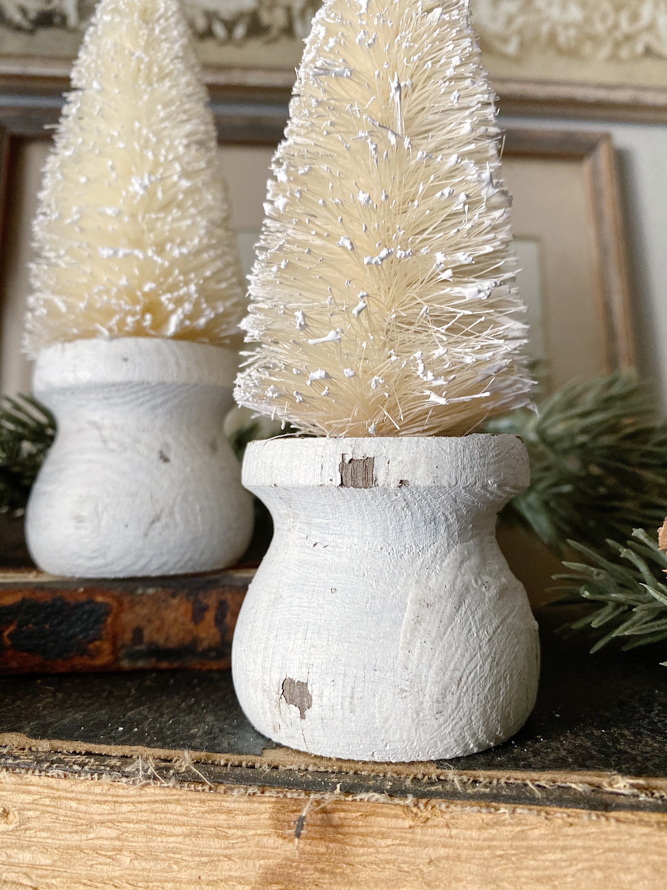 Christmas Bottle Brush Tree Salvaged Wood Base WHITE Flocked Tree