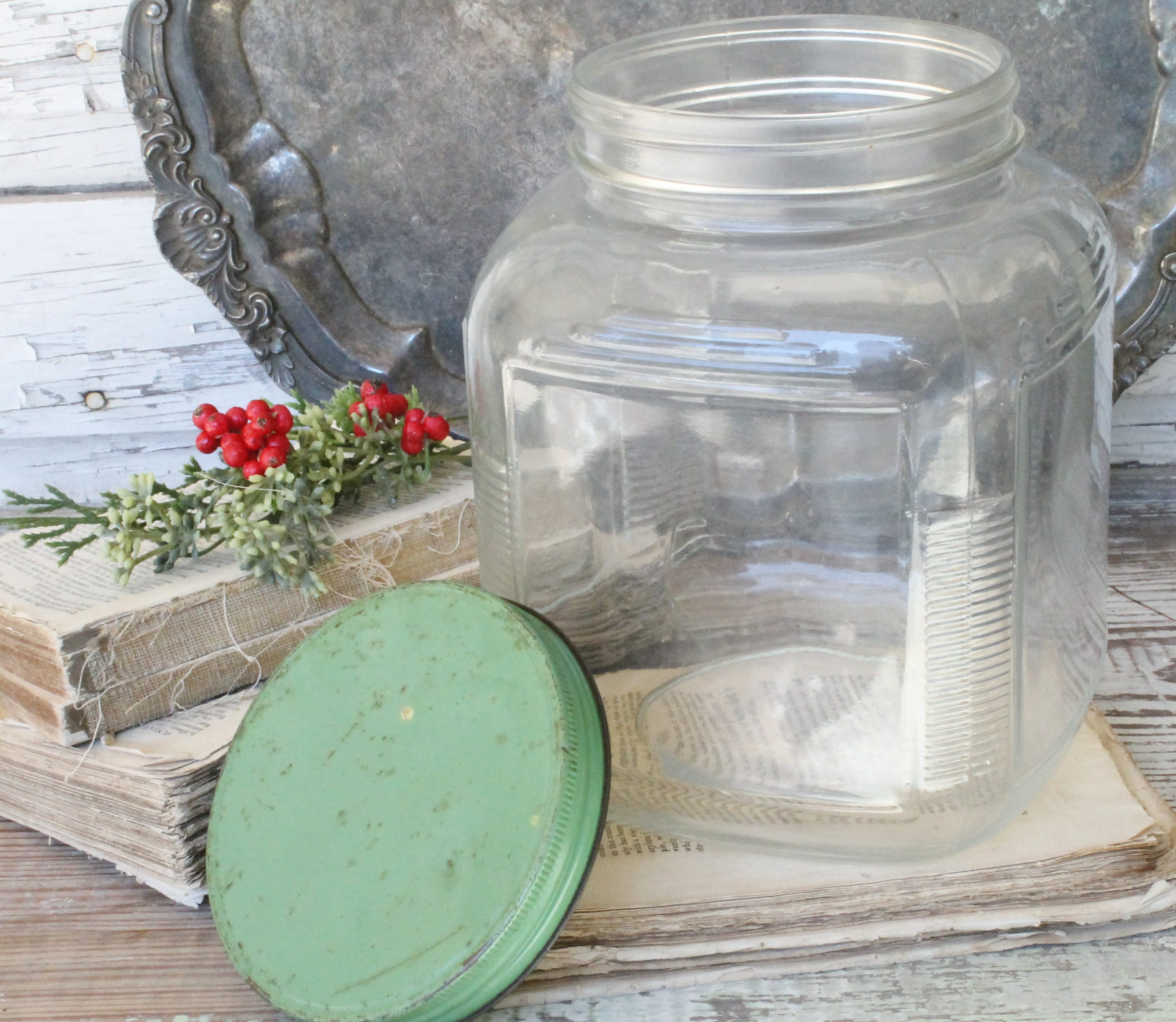 Vintage HOOSIER Glass Jar with GREEN Lid Container Farmhouse Decor
