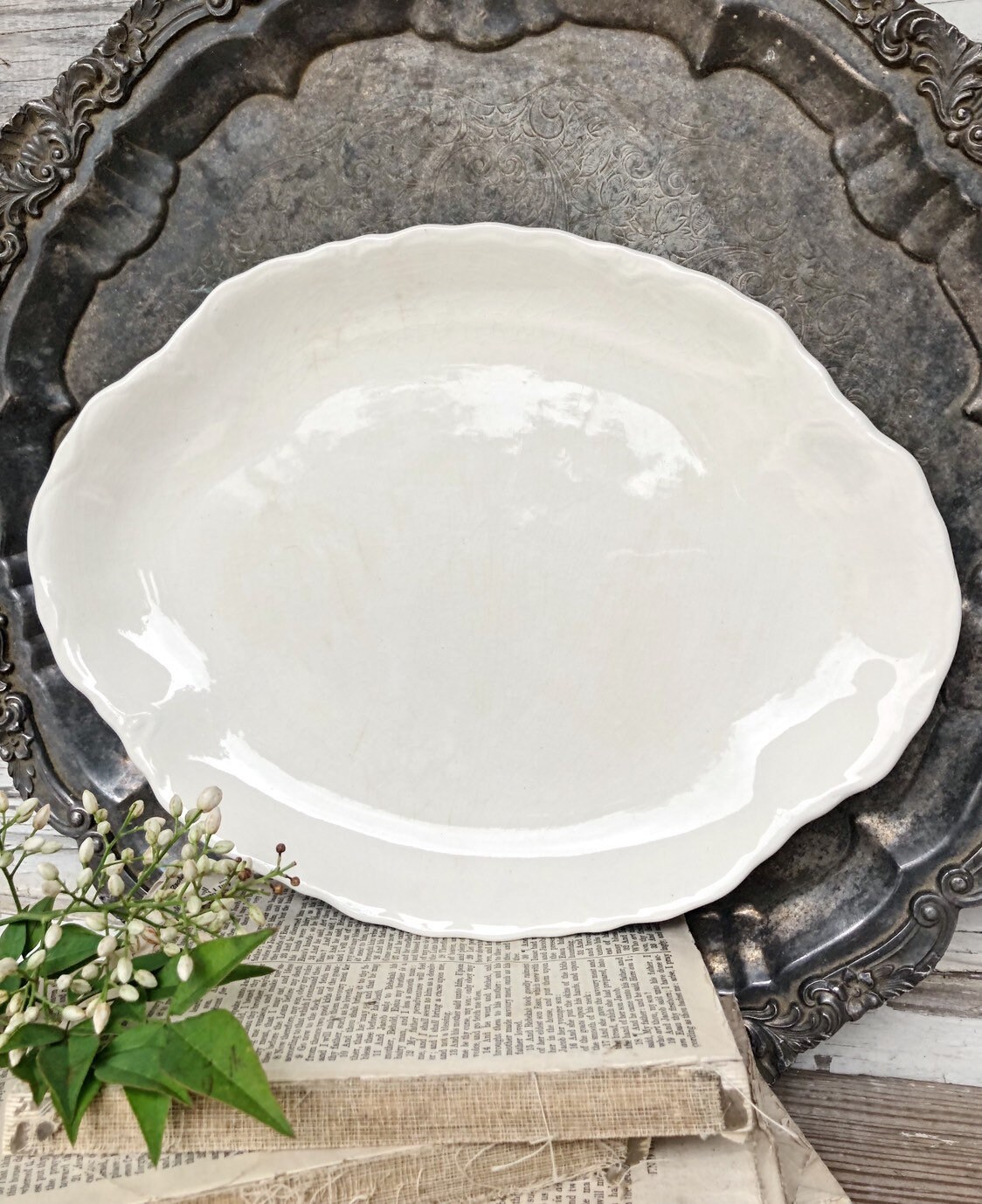Vintage Ironstone Platter Creamy White Oval Scallop Farmhouse Decor USA