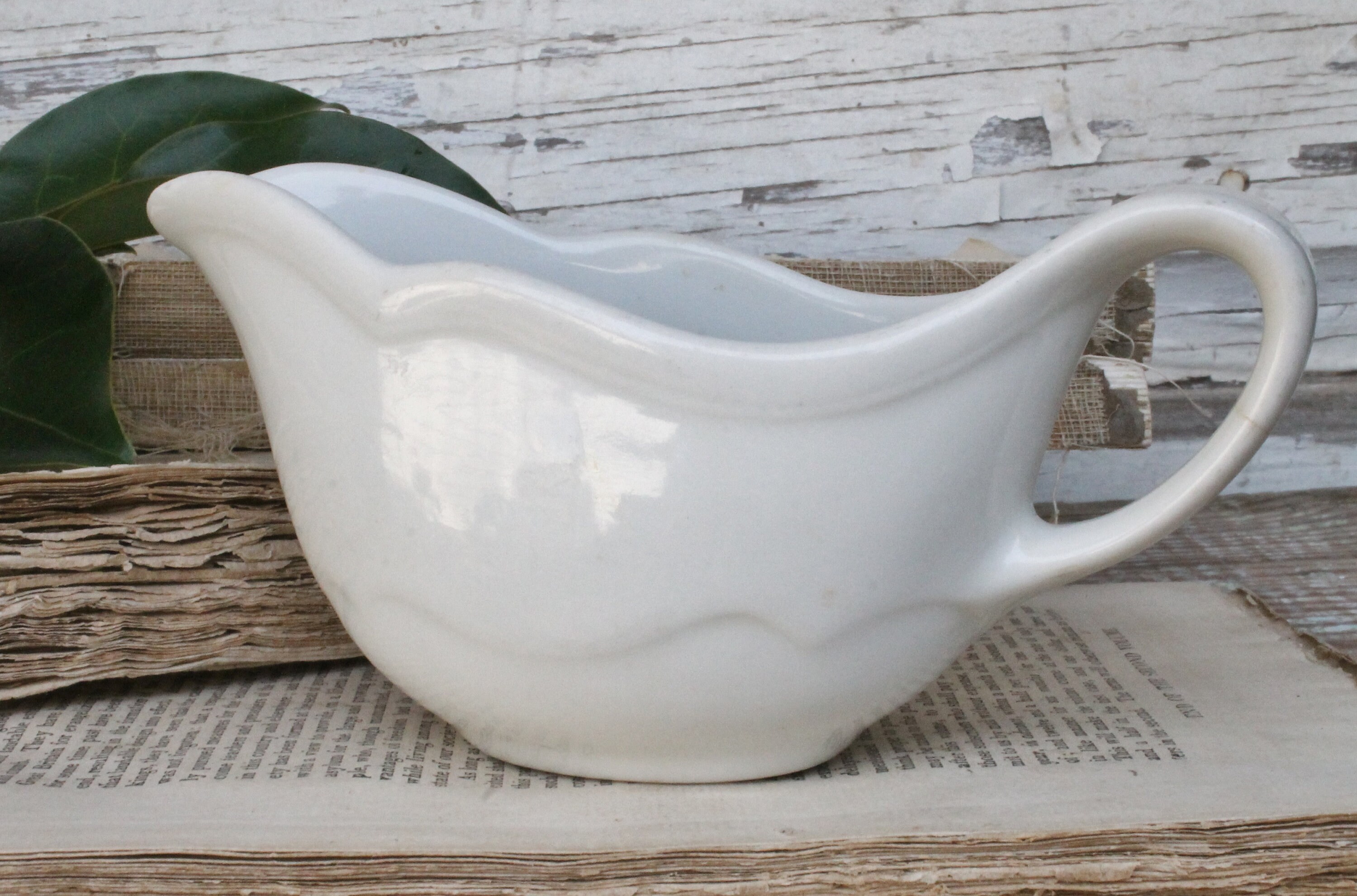 Vintage White Ironstone Gravy Boat Scallop SHENANGO Farmhouse Decor