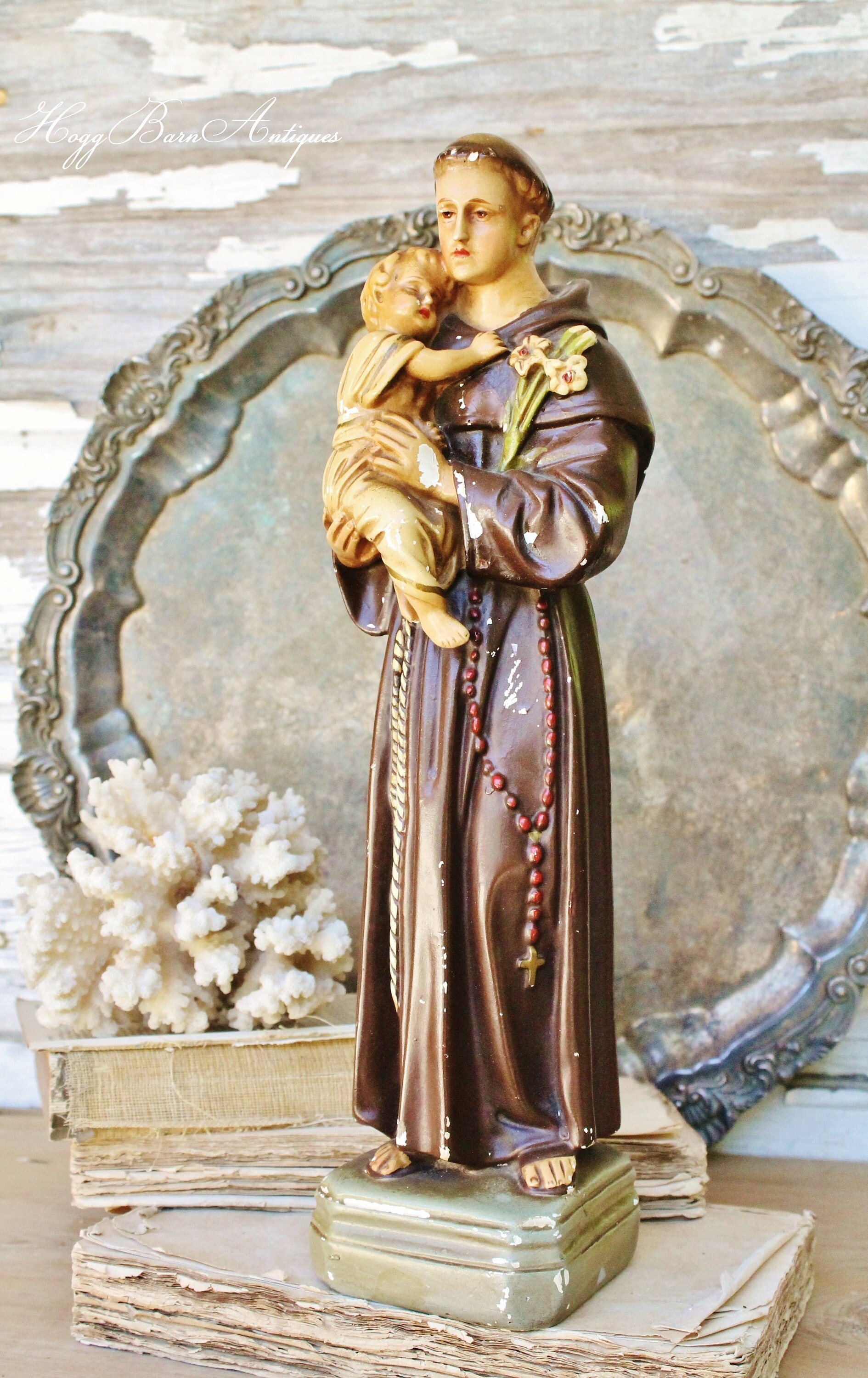 Antique Saint Anthony Statue Figurine with Baby Jesus Chalk Ware LARGE