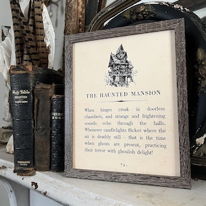 HAUNTED HOUSE MANSION Vintage Halloween Book Page Sign Wood Frame Primitive Fall Decor