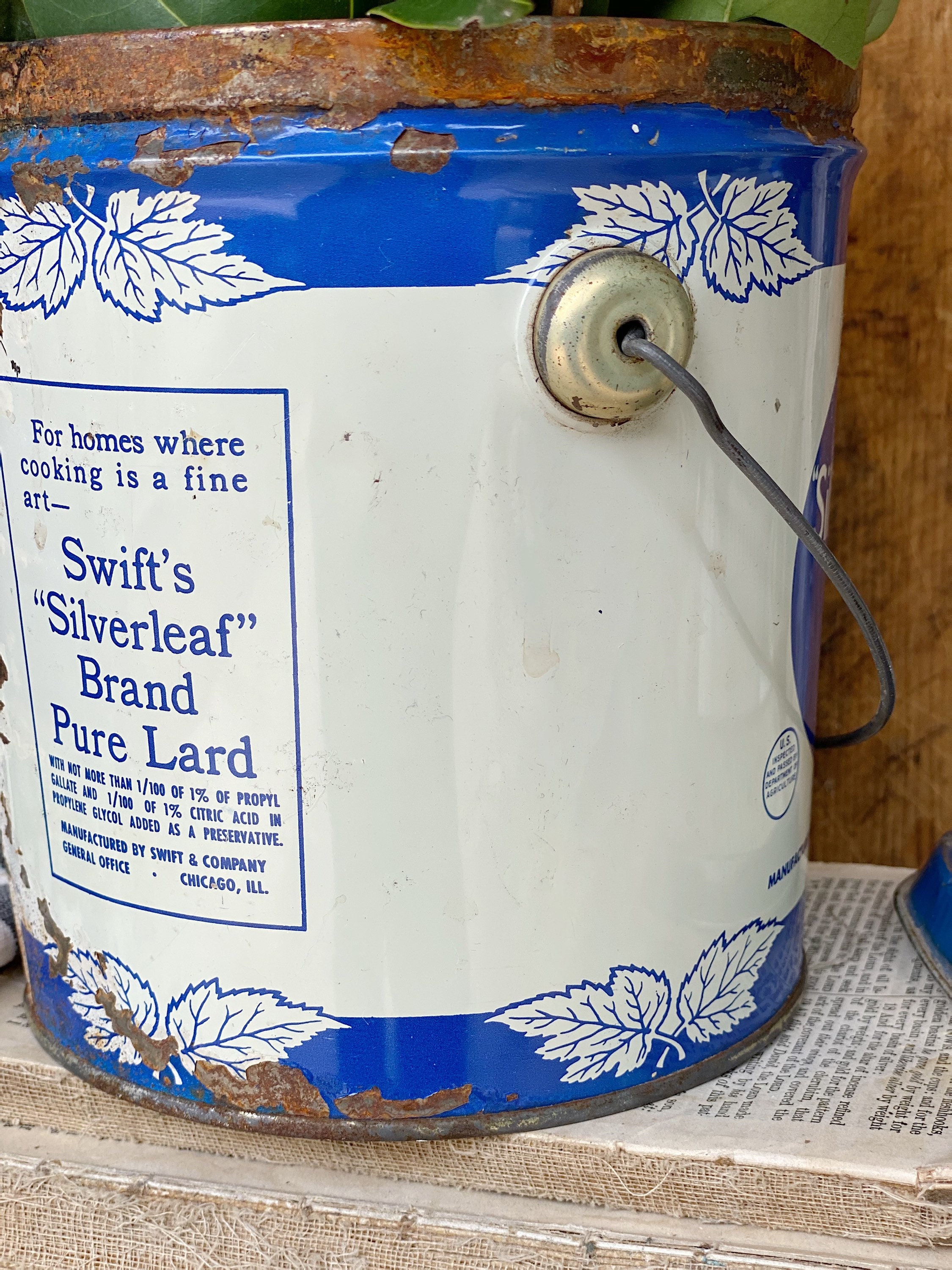 Antique SWIFTS SILVERLEAF Pure Lard Bucket Pail BLUE Galvanized Metal