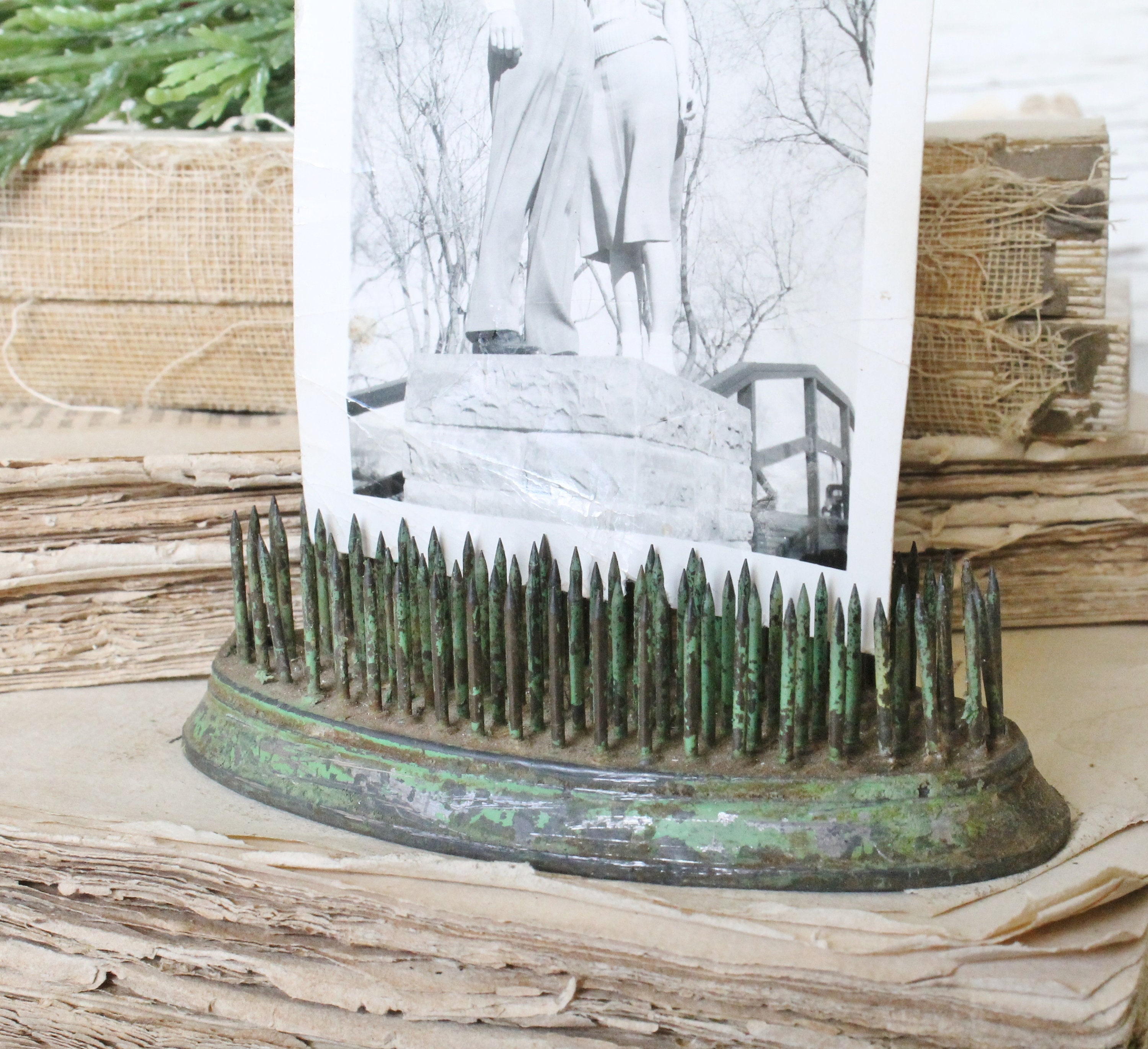 Vintage Metal Floral Frog OVAL GREEN Flower Holder Farmhouse Decor Fixer Upper Decor