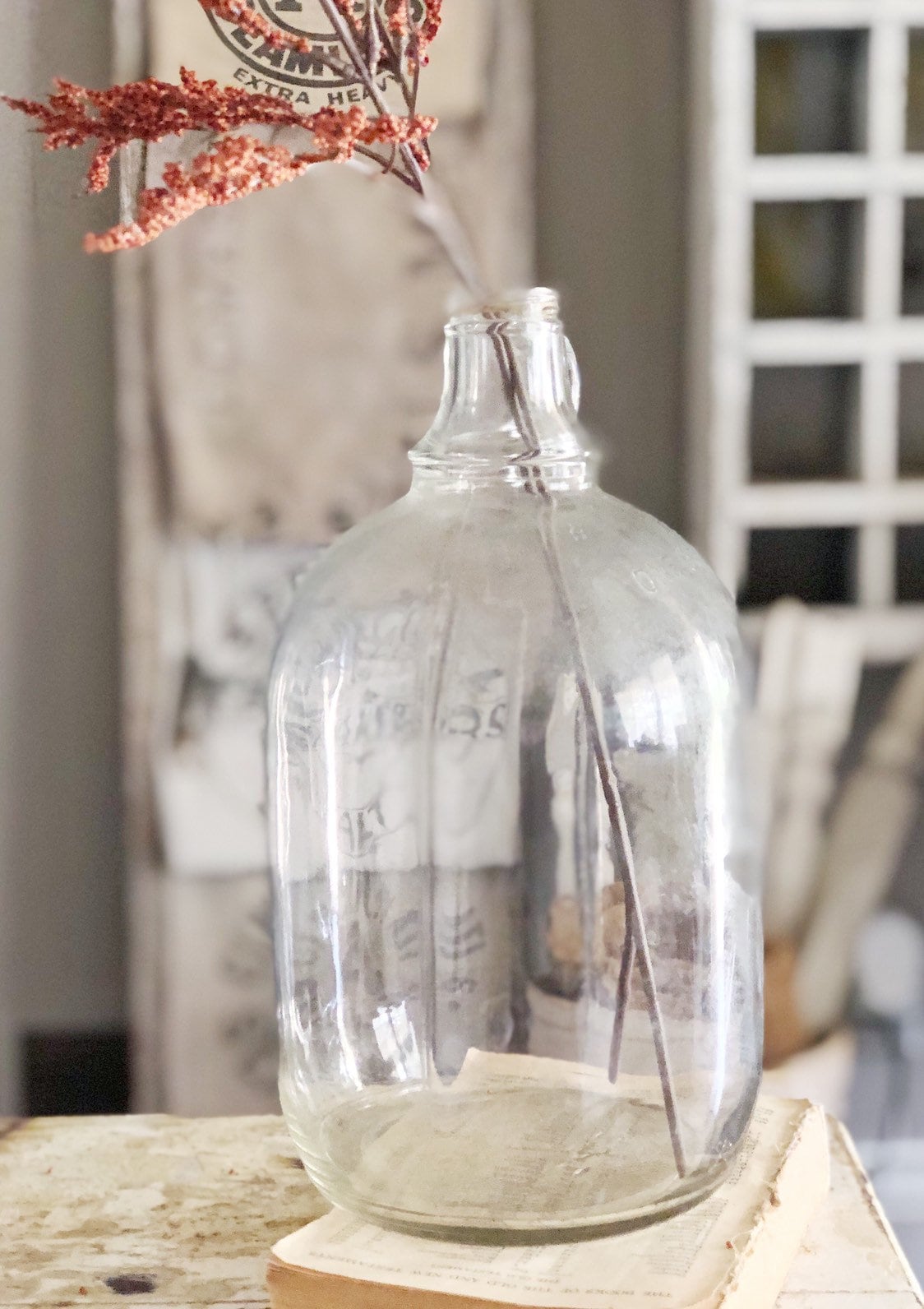 Antique Glass Jug Bottle CLEAR Fall Farmhouse Decor Gallon Jug Vase