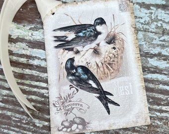 Birds with Nest Vintage Easter Gift Tags Natural History Book Page French Farmhouse Decor Card Shabby SET OF 8