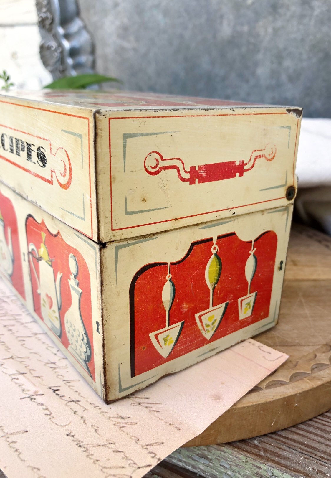Vintage Metal Tin Recipe Box Painted Primitive Farmhouse Decor