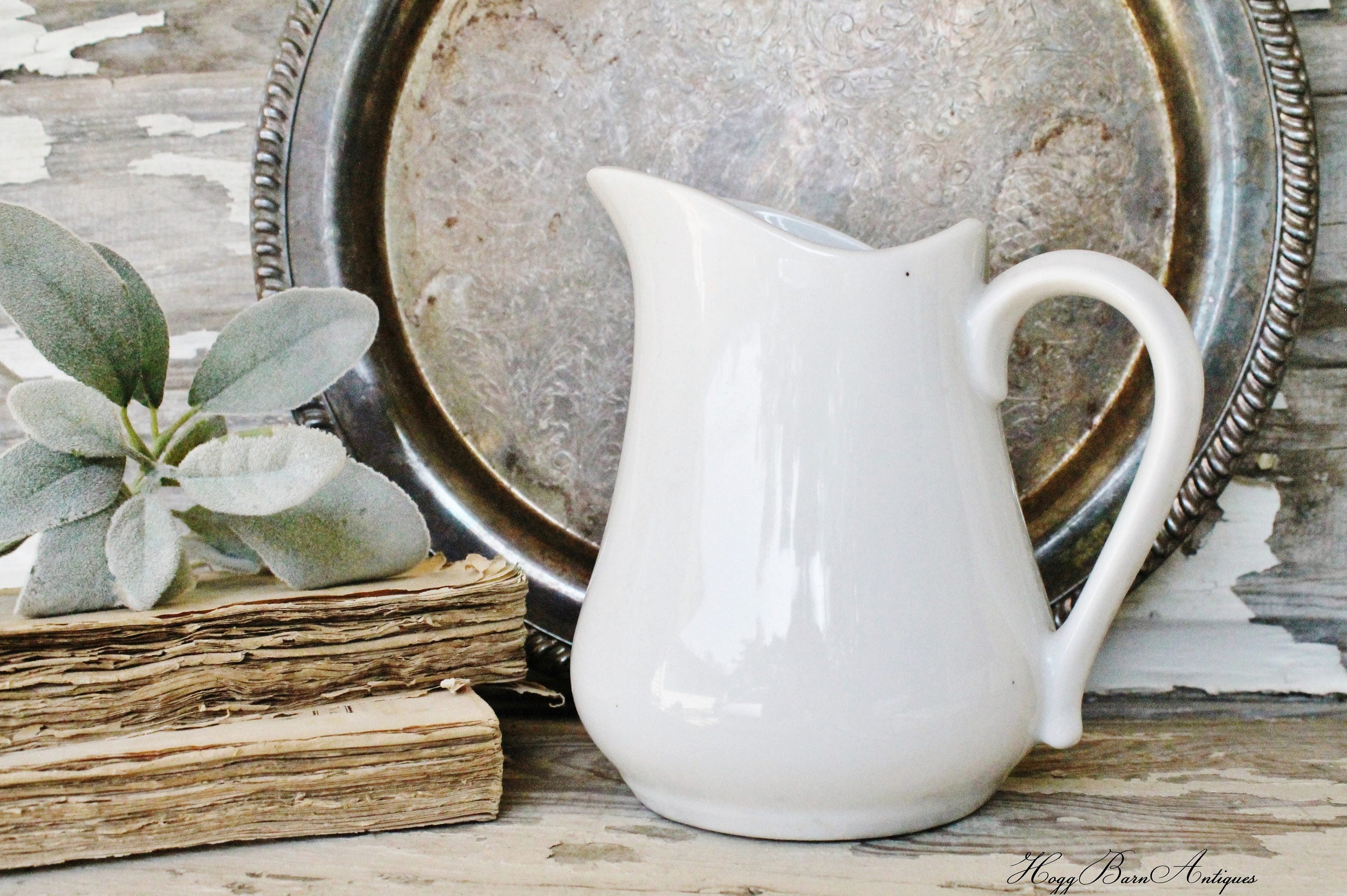 Vintage White Ironstone Pitcher Jug French Country Farmhouse Decor