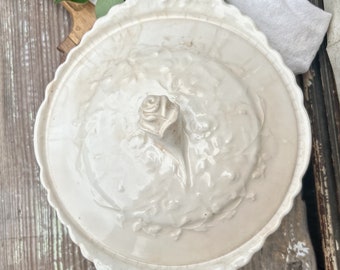 Antique Serving BOWL Lid White Ironstone Rose Point Pope Gosser Farmhouse Decor Crazed Stained Vegetable Side Dish